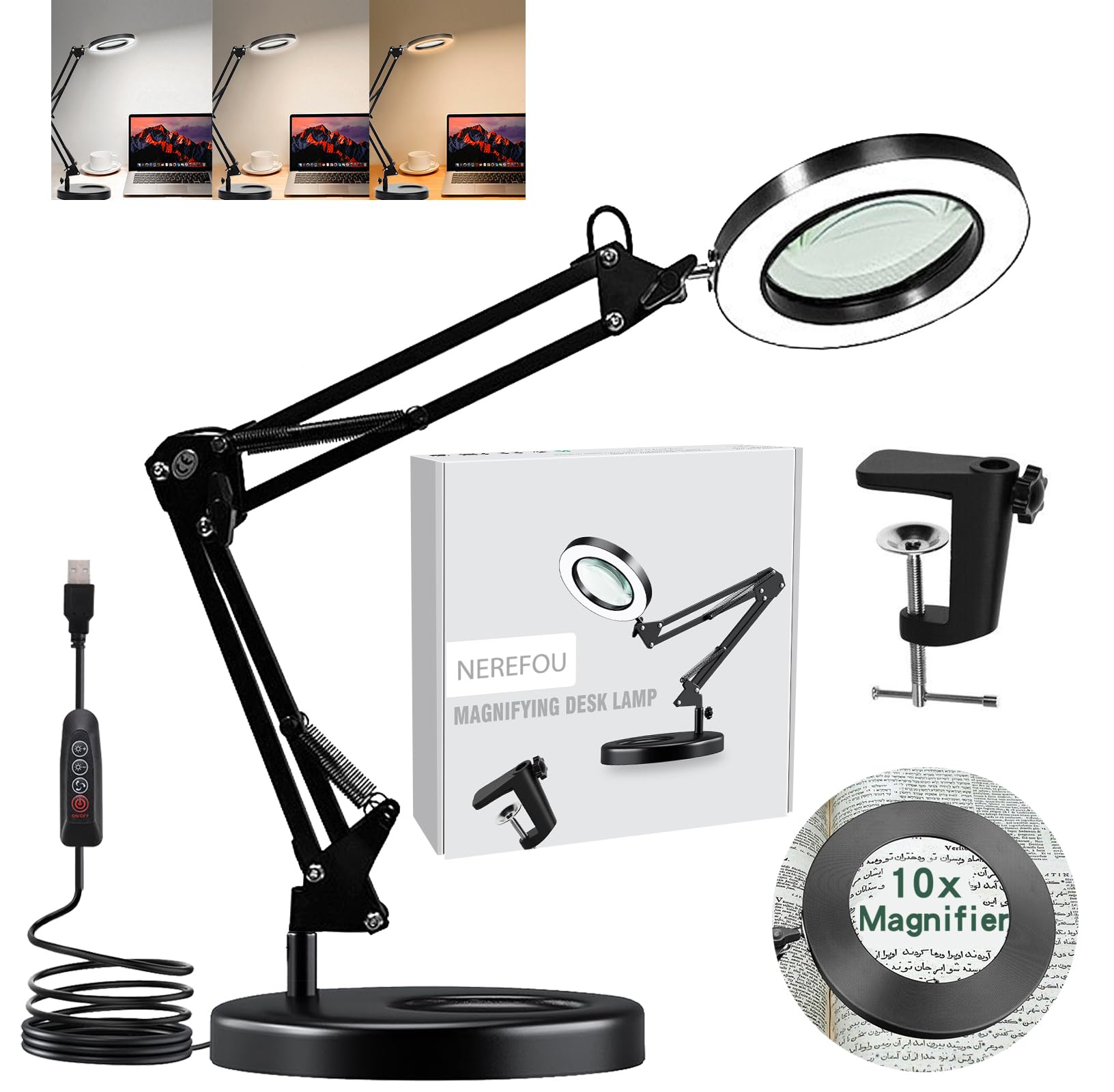 Nerefou 10X Magnifying Lamp With Light And Stand, 2-In-1 Desk Lamp With Clamp, 3 Color Modes, Close Work Magnifying Glasses (1St Generation Base & Clamp)