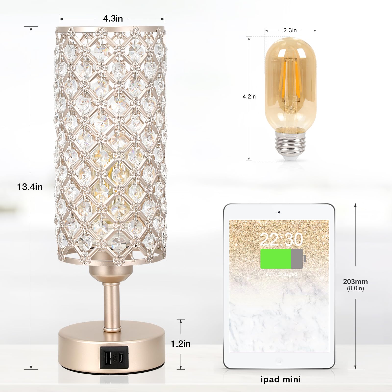 Crystal Table Lamp With Usb C+A Ports, 3 Way Dimmable Touch Lamp With Crystal Shade, Champagne Gold Bedside Nightstand Small Lam