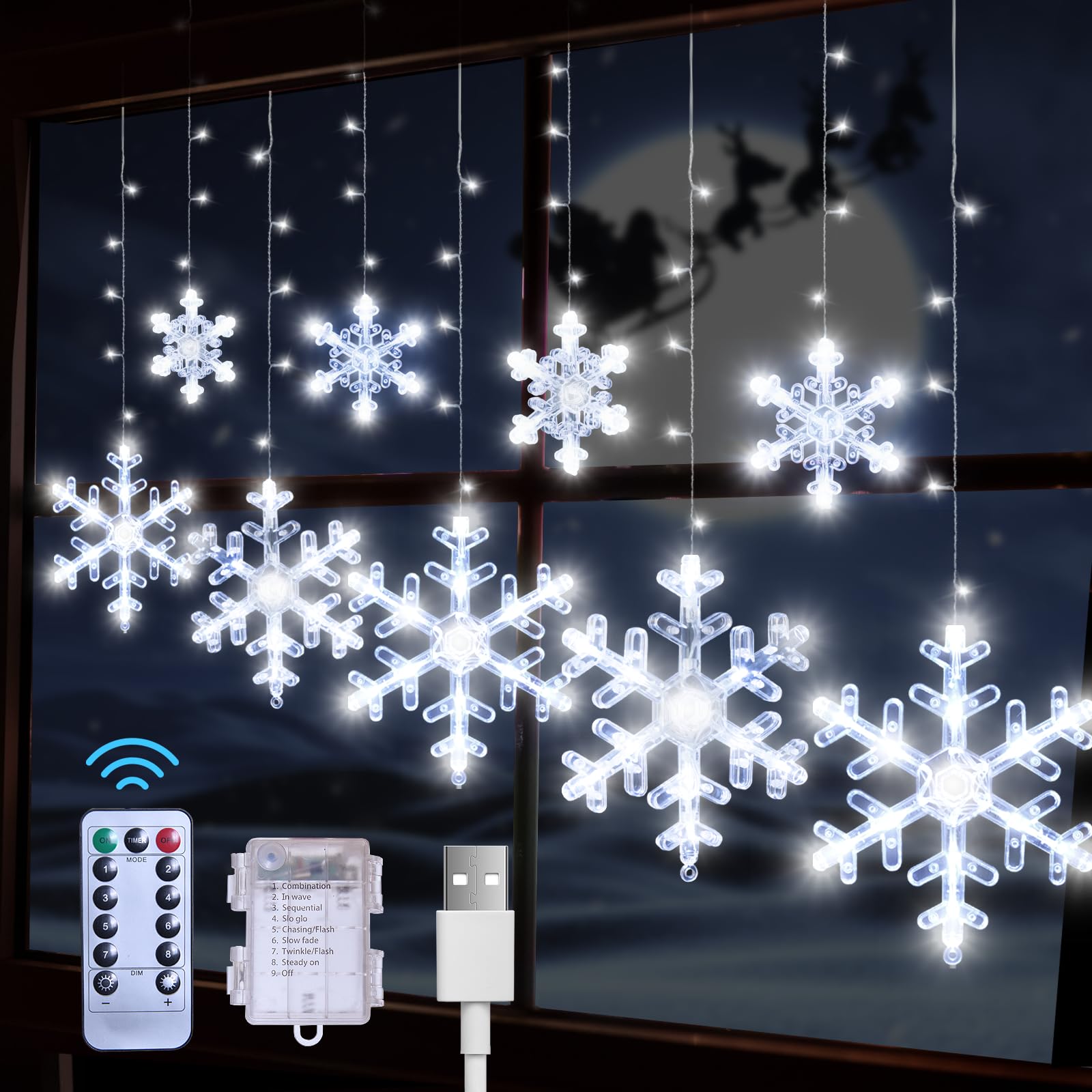 LYUBASA Christmas Snowflake Lights Decorations, 5.3FT Remote&Time 8 Light Mode with Battery Powered 112 White LED Window Curtain Lights for Tree, Eaves, Garden, Yard, Indoor Outdoor Xmas Lamp Decor
