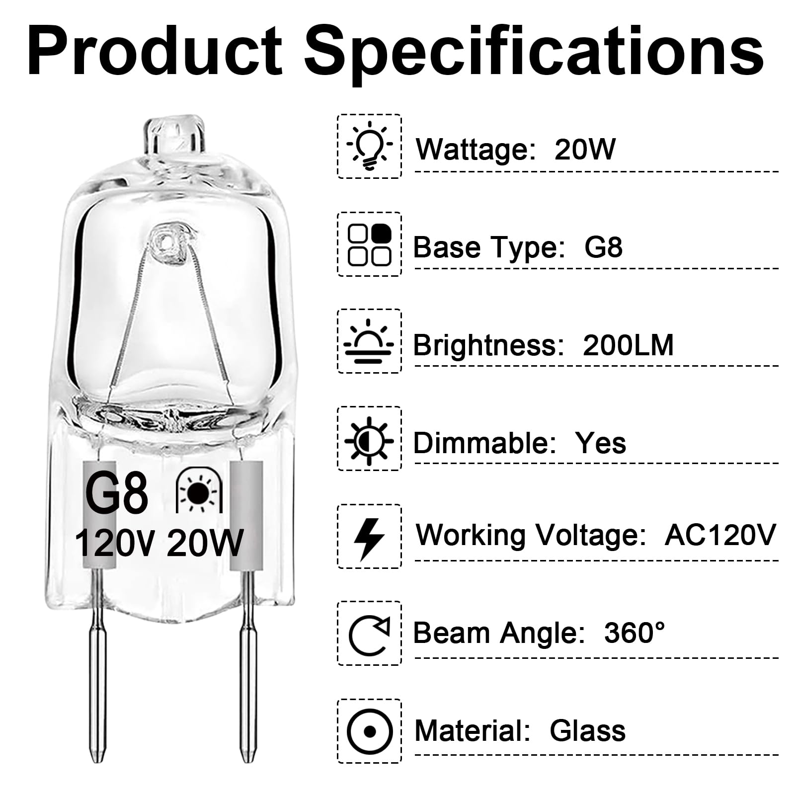 Gaormii G8 Halogen Light Bulbs 20W Dimmable Warm White 2700K T4 JCD Bi-Pin Base, 12 Count, 35mm Length