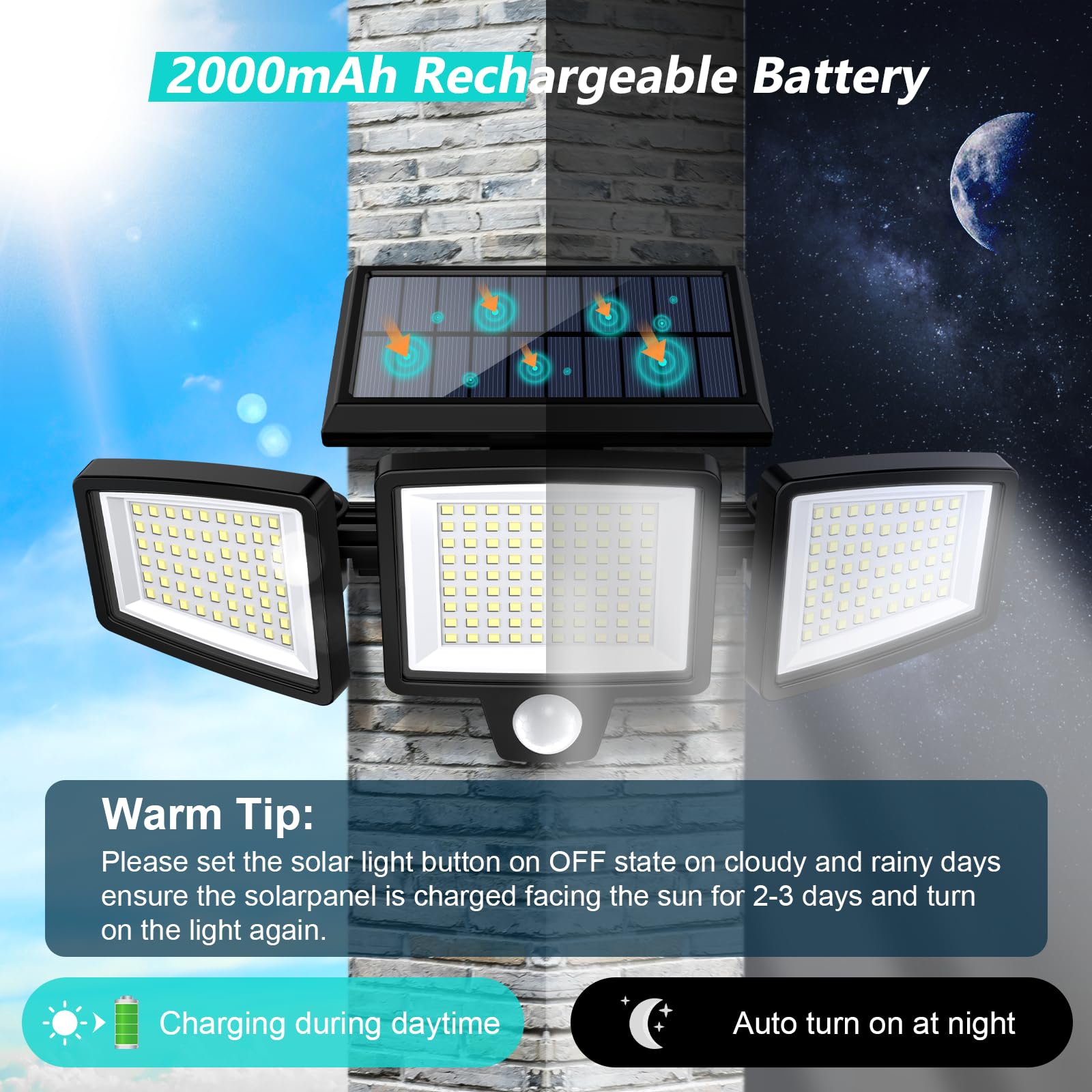 Tuffenough Solar Outdoor Lights - 2500LM, 210 LED, 3 Heads, IP65 Waterproof, Motion Sensor, 2 Pack, Black