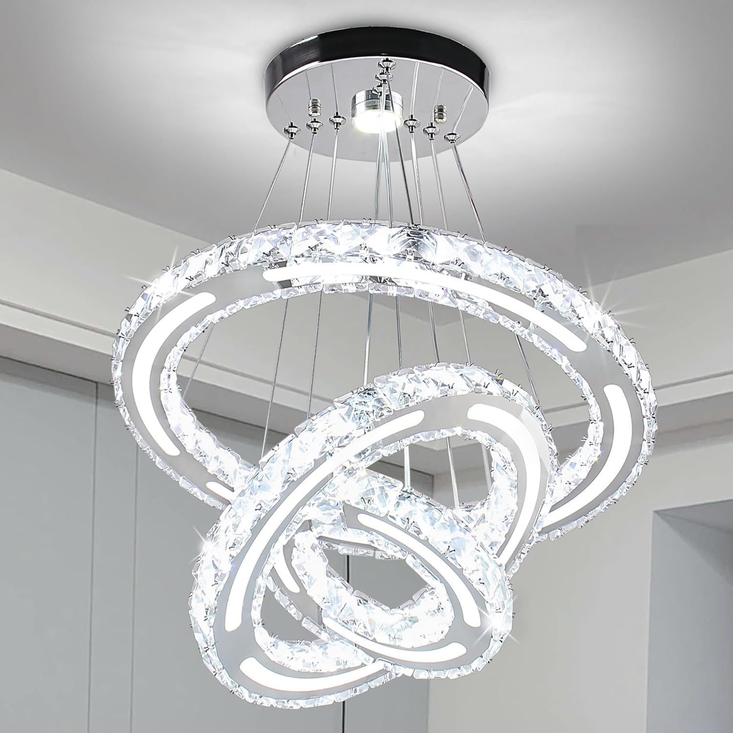 CXGLEAMING Modern LED Chandelier 3 Rings Adjustable Crystal Pendant Light 180mm Base White Light 153 Crystals