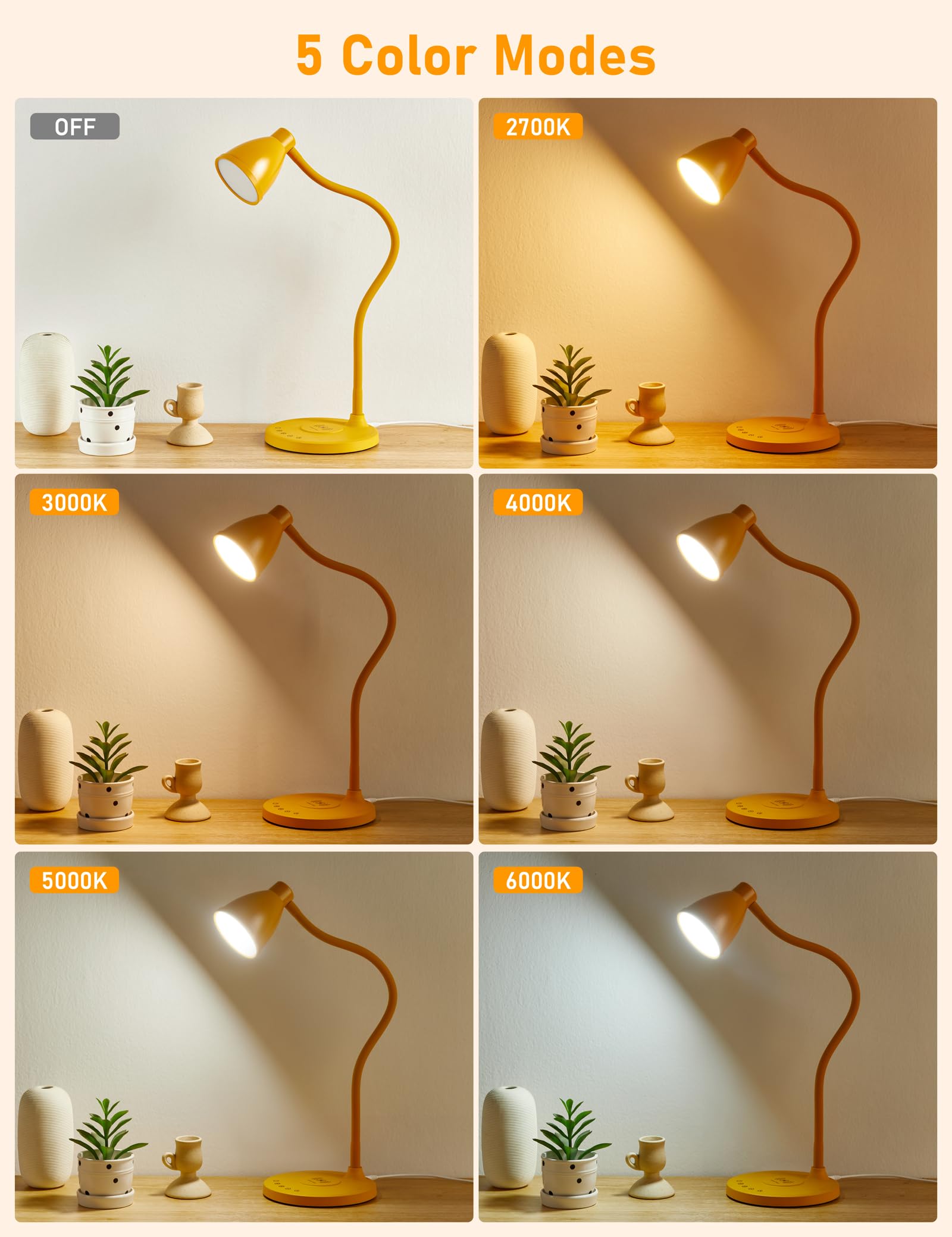 Bohon Led Desk Lamp With Usb C+A Charging Ports Wireless Charger, 5 Colors Stepless Dimming Touch Reading Light, Flexible Goosen