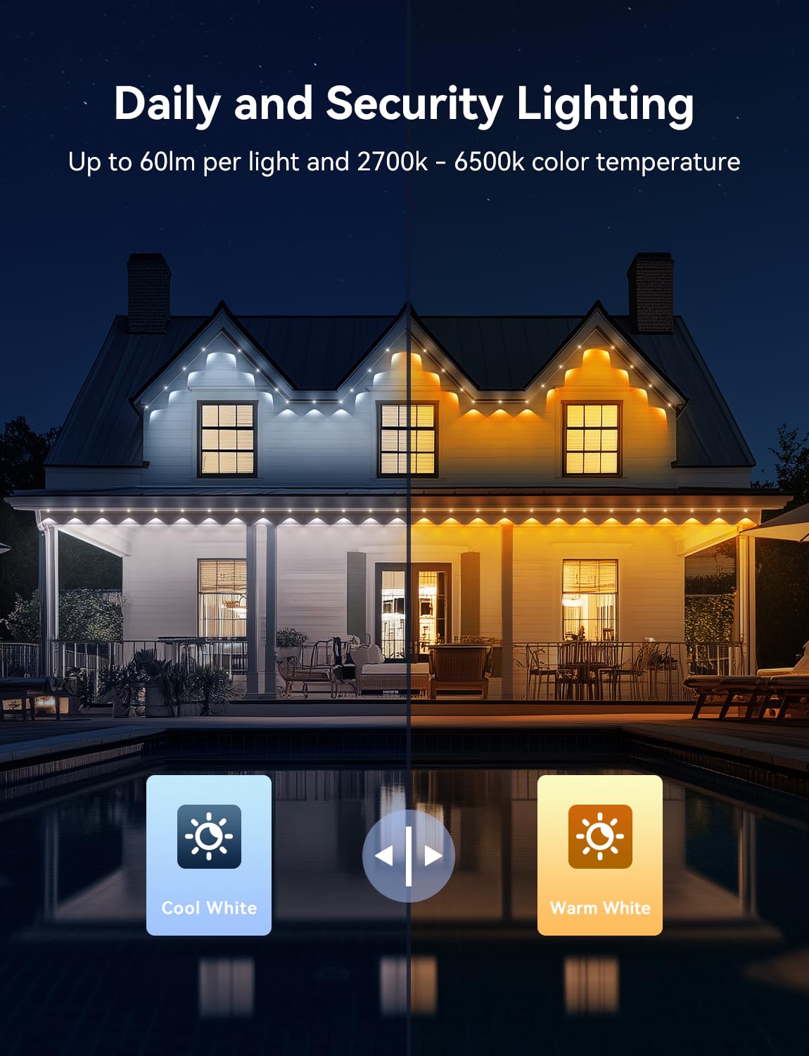 lemonlovely 360ft Permanent Outdoor Lights Pro, IP67 Waterproof, 264 IC+RGB LEDs, Smart APP/Remote, White, Model 2323