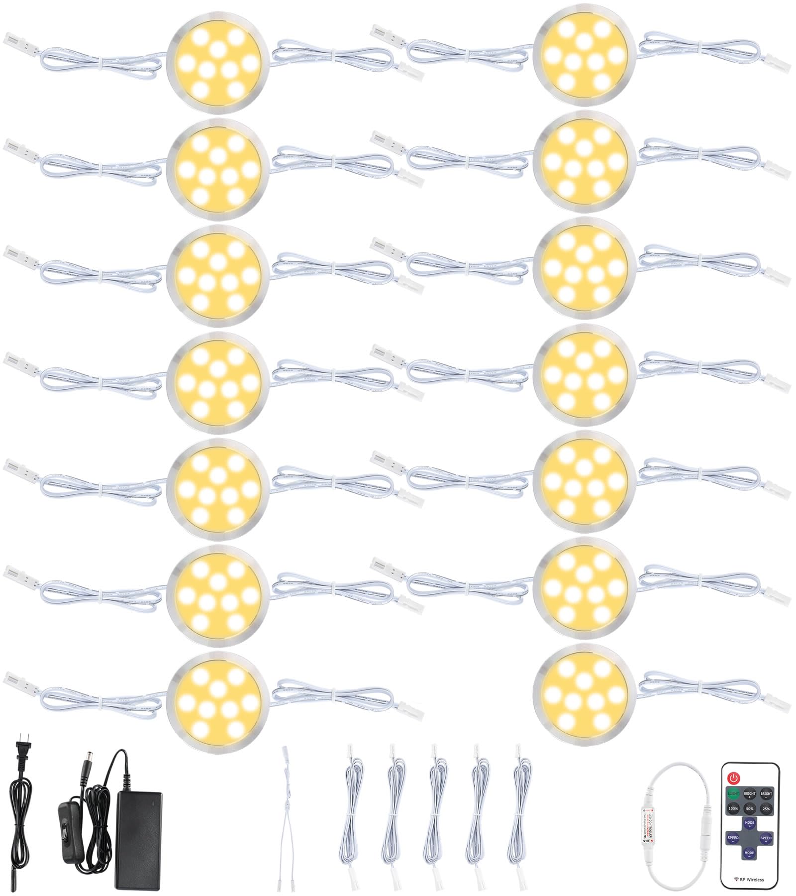 Meigour Hardwired Under Counter Puck Light, Linkable Daisy Chained Wireless Remote Control Dimmable LED Closet Lights, 110V Dire