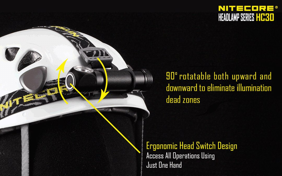 Nitecore HC30 LED Headlamp, 1000 Lumens, Rechargeable, Aluminum, Small, Black, Model NC-HC30+NL1823+UM10, Bundle with Battery &