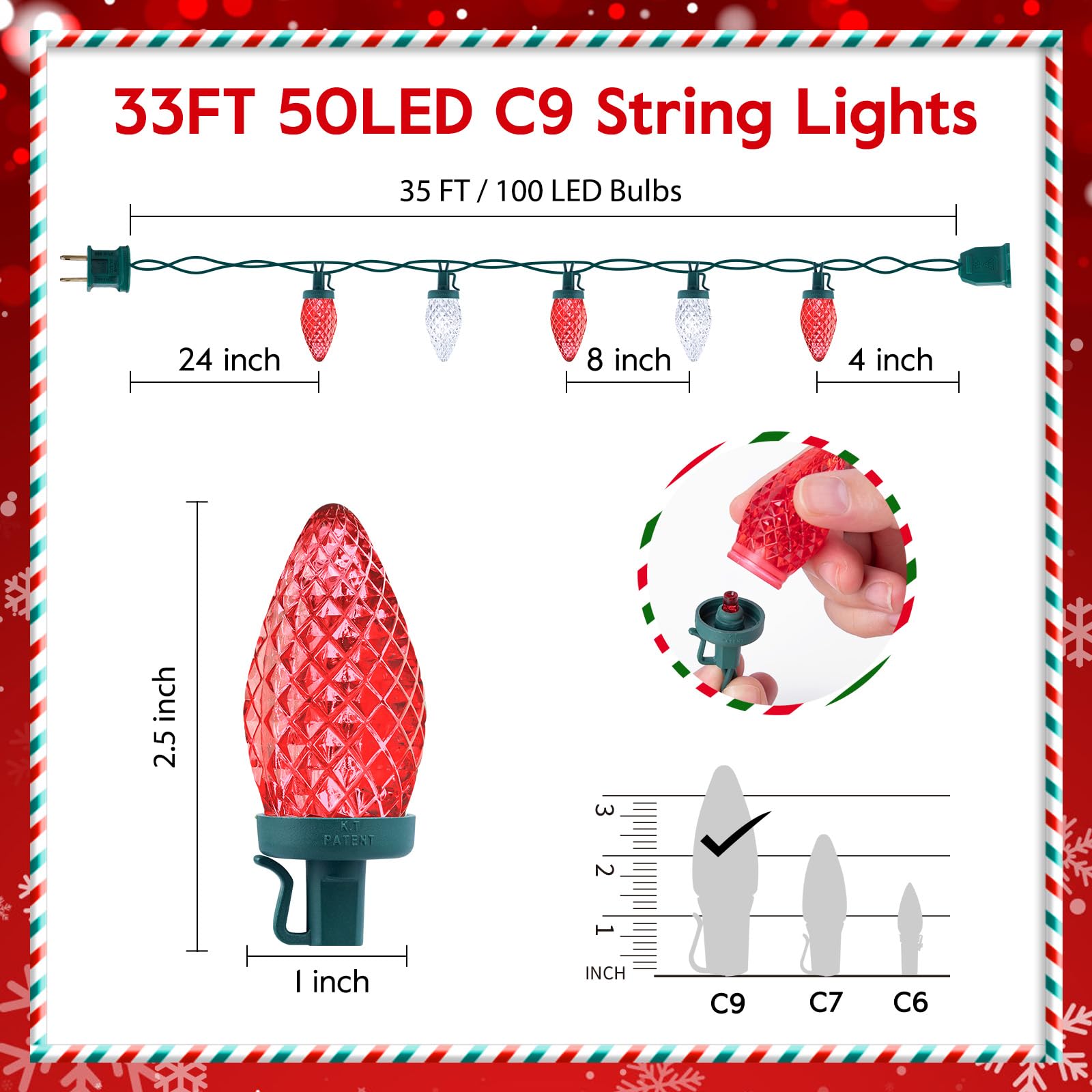 Brightown C9 LED String Lights, 33ft 50 Waterproof Lights, Green Wire, Red, Model 5-50/2F/C-033