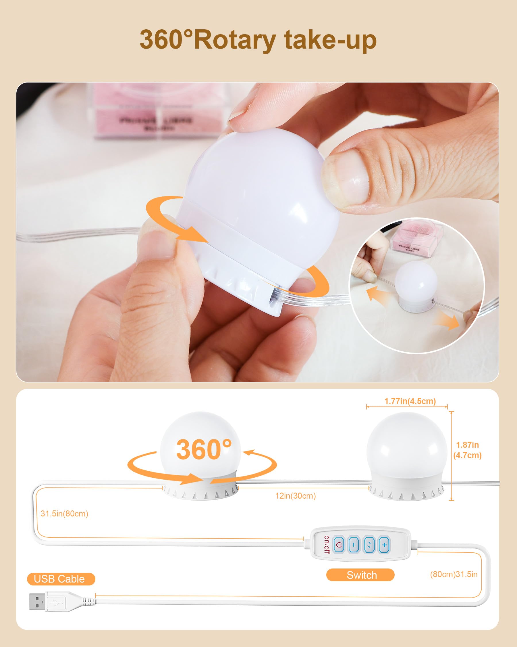 Yarnock 10 Bulbs LED Vanity Lights for Mirror, 3-Color & 10-Brightness, Wire Length Adjustable, USB Cable, Hollywood Mirror Ligh