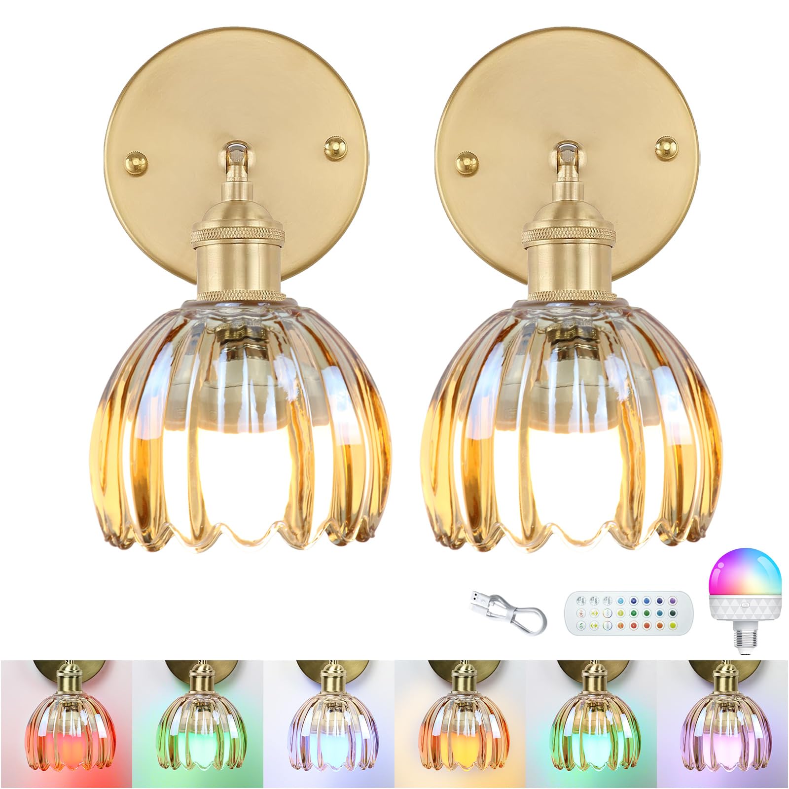 GEEZO Vintage Battery Operated Wall Sconce, Rechargeable Light with Remote, 2 Pack, Tulip Amber, Model GEEZO-Y-5