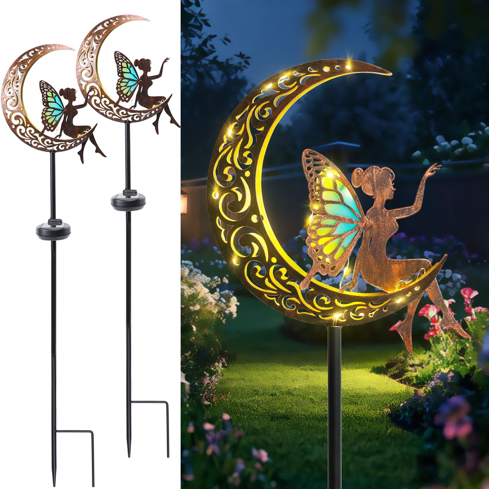 Afirst Solar Garden Lights Outdoor Decor Moon Fairy Stake Lights Waterproof Warm White LED Metal Stake Decor for Outdoor Pathway