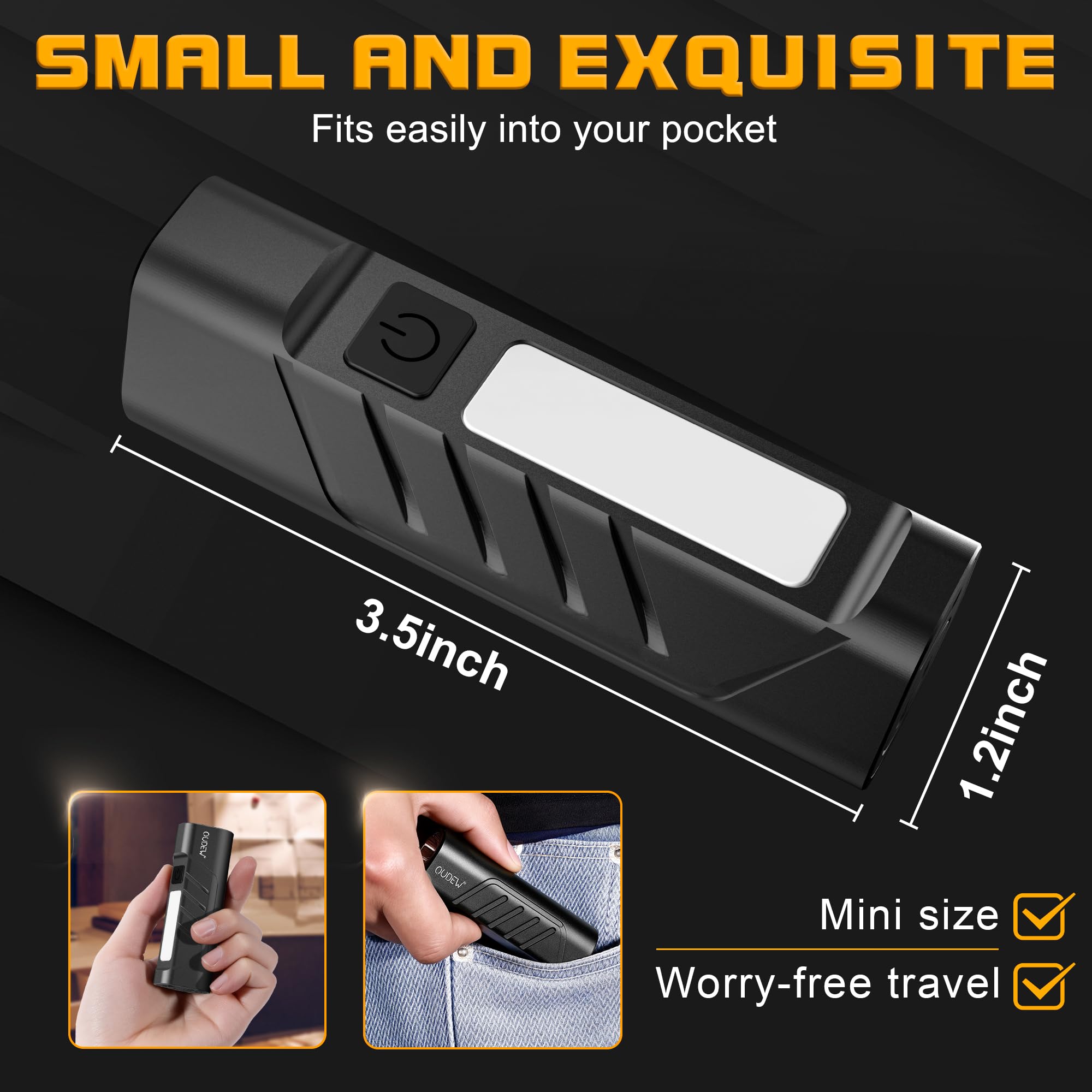 OUDEW Rechargeable EDC Flashlight, 900 Lumens, USB-C Charging, IPX4, Aluminum, Black, Commander Model, Portable Pocket Light