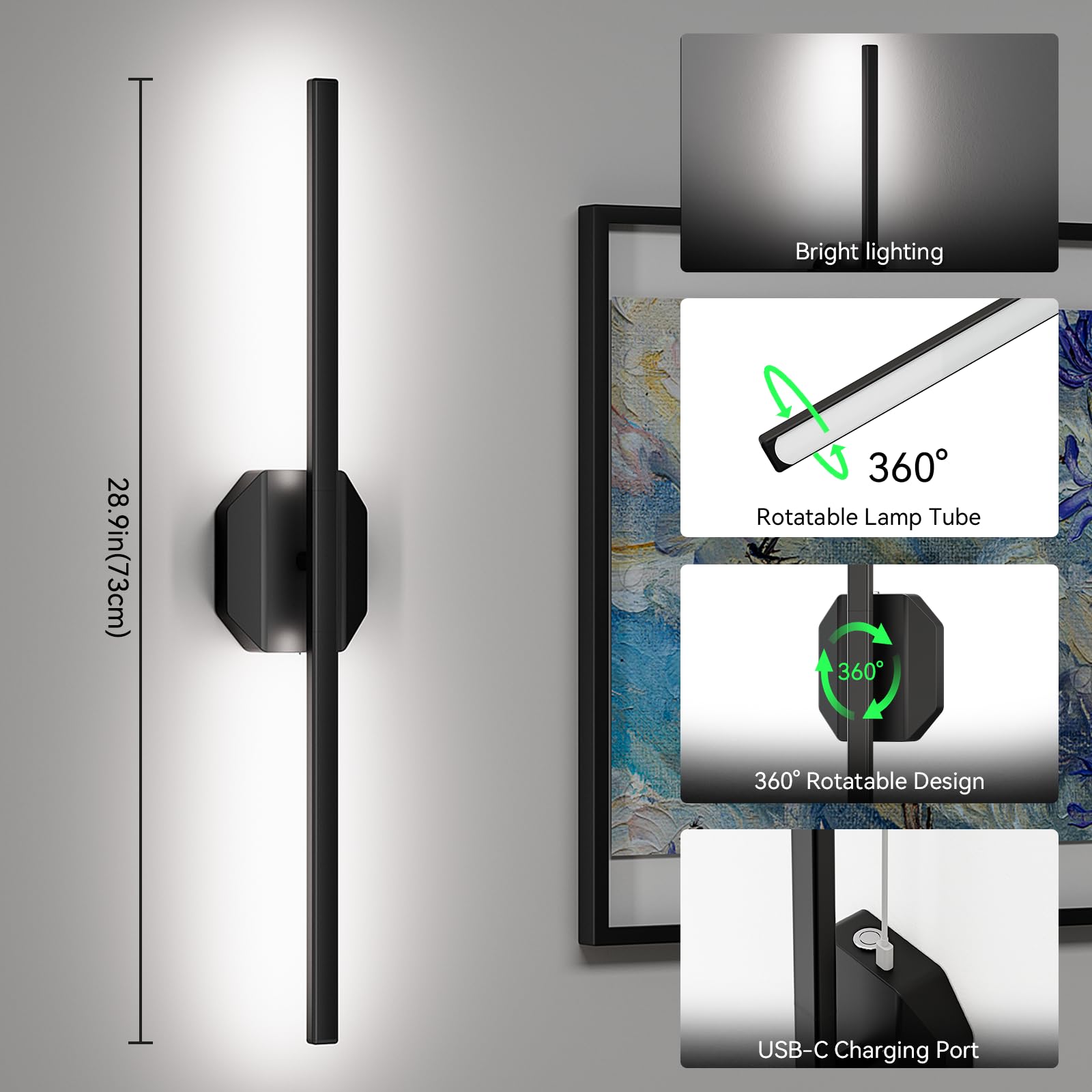 Hunhun Battery Operated Wall Sconce Set Of Two, 28 Inch, Black, Usb Rechargeable, Dimmable 3000K-6000K With Remote Control