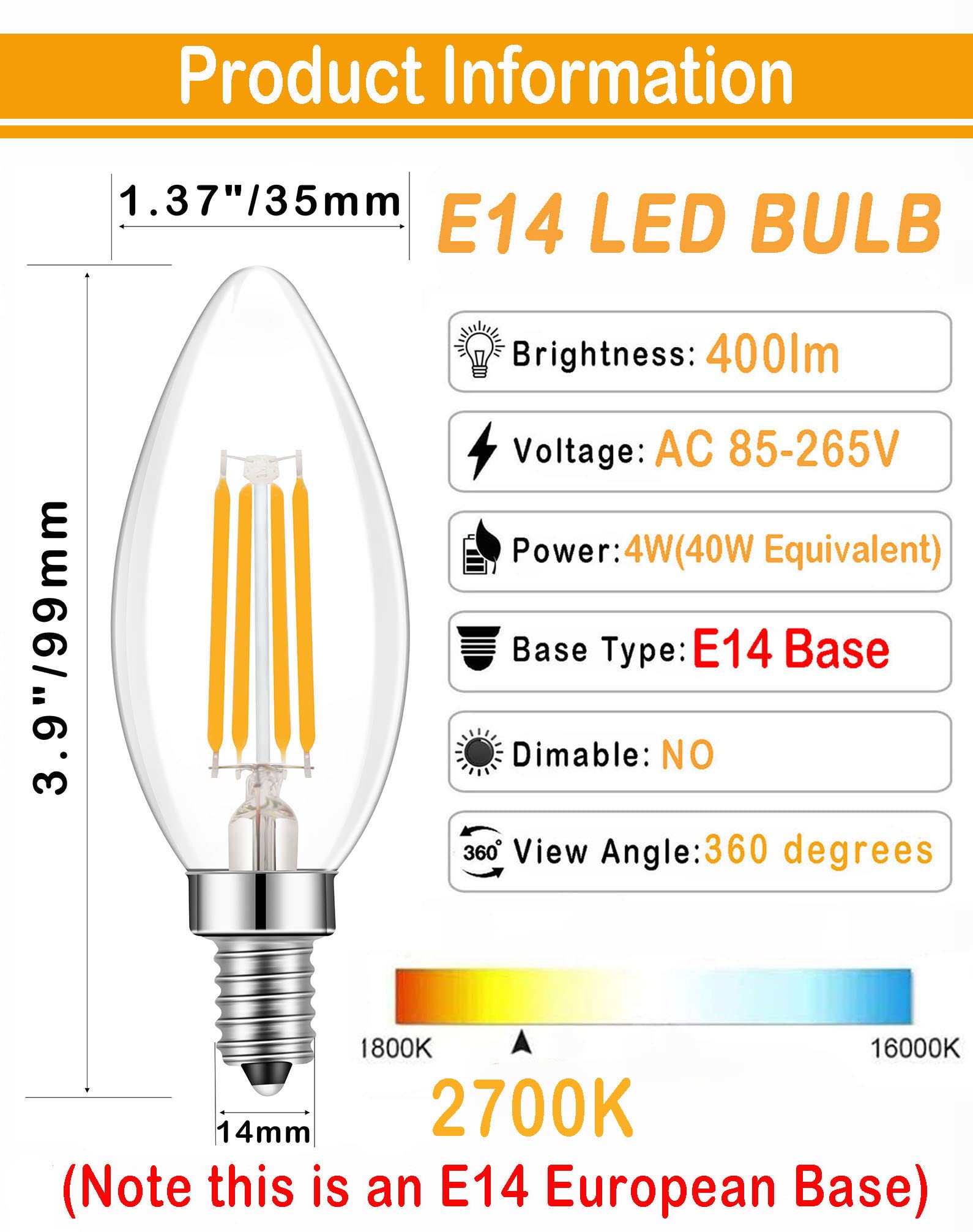 Lamsky E14 Base Led Filament Candle Shape Light Bulb,E14 European Base Bulb,Warm White 2700K 400Lm 40W Equivalent,C35 Clear Glas