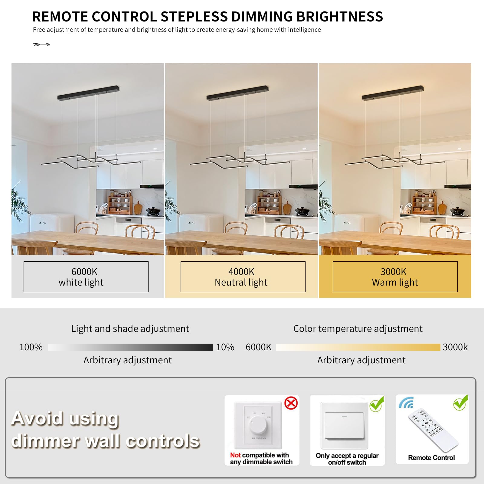 Siittoo Modern Black Pendant Light 3-Light Dimmable LED Chandelier 52in Aluminum Model 988B