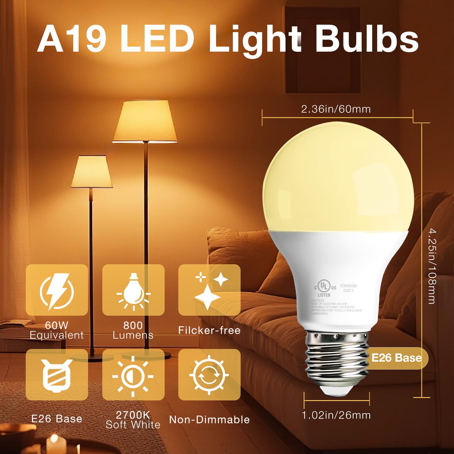 dalattin A19 LED Light Bulbs 9W, 800 LM, Non-Dimmable, Soft White 2700K, 10 Counts, UL Listed