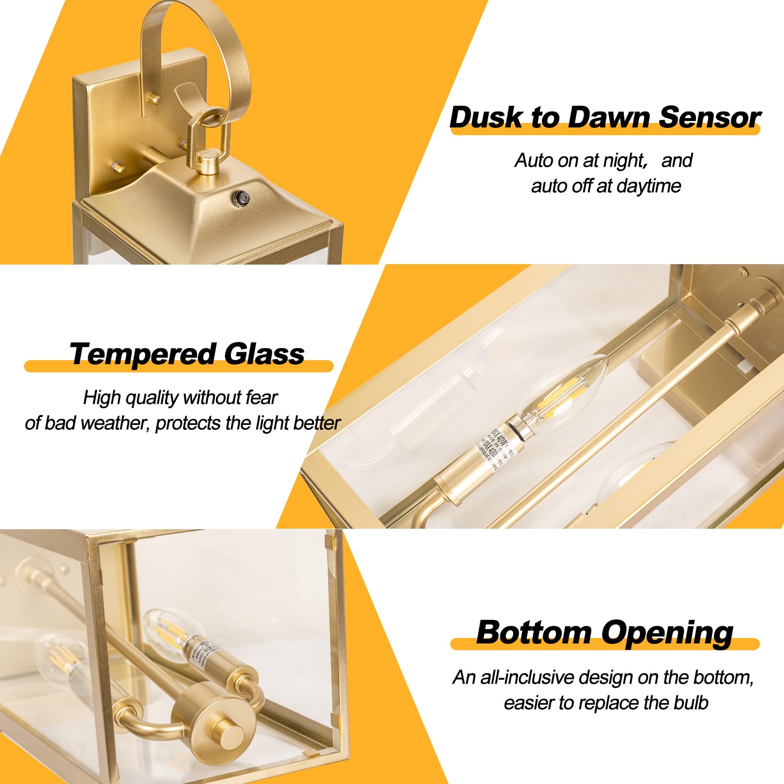 Yolsunes Gold Dusk To Dawn Outdoor Wall Lantern 2-Light, 19'' Large Outside Modern Wall Sconce Light Fixture, Industrial Porch L
