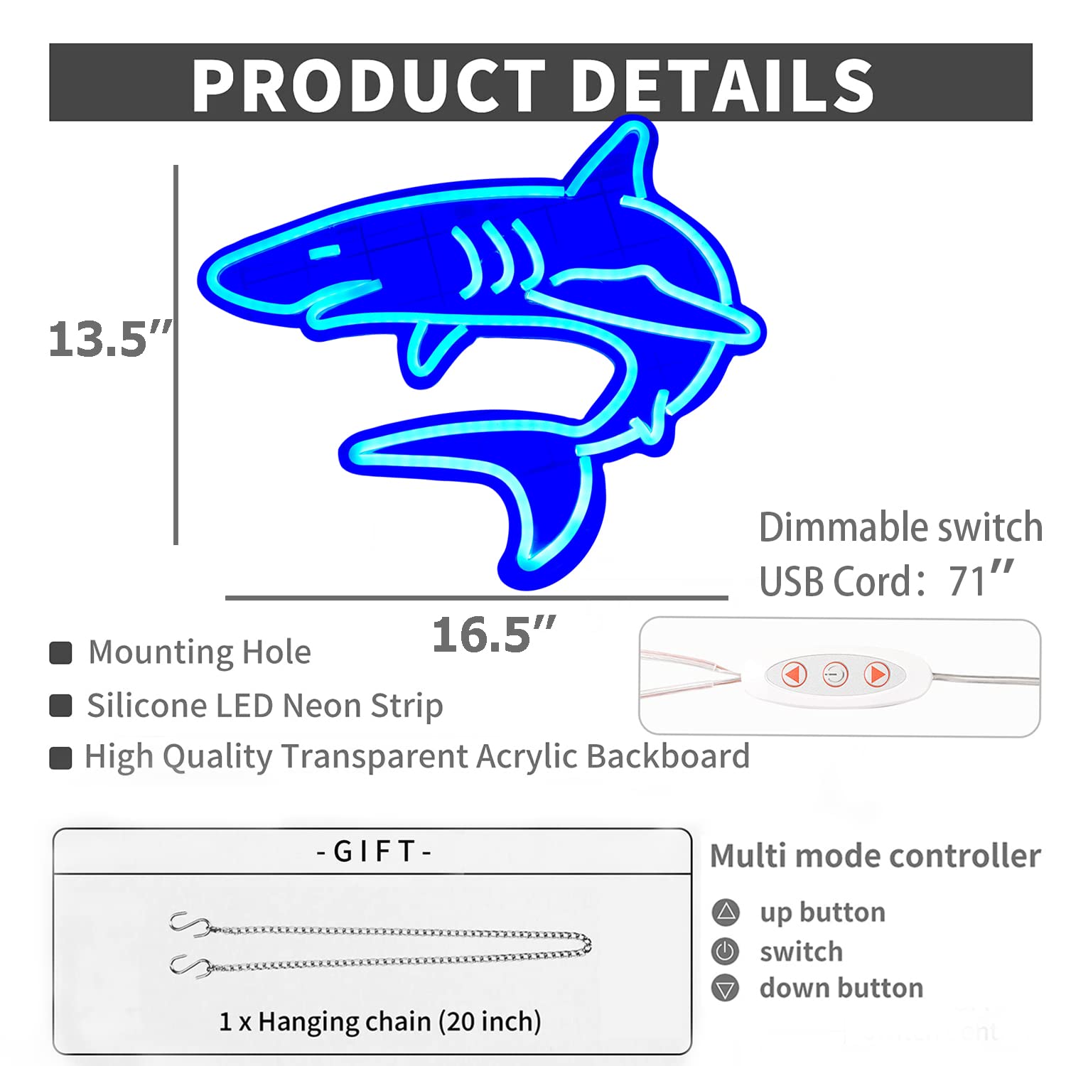 Dimmable Shark Neon Signs For Wall Decor,Large Reusable Shark Neon Light Sign For Boys Gifts Living Game Room Shop Hotel Bar Birthday Party Decor Lifelike Shark Night Light 16.5X13.5 Blue