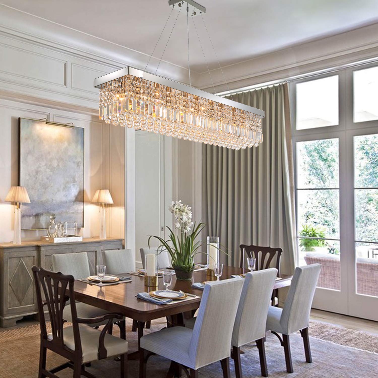 7Pm K9 Crystal Chandelier - Modern Rectangular Pendant Light Fixture, Chrome, L47 X W10 X H10, For Dining Room & Kitchen Island
