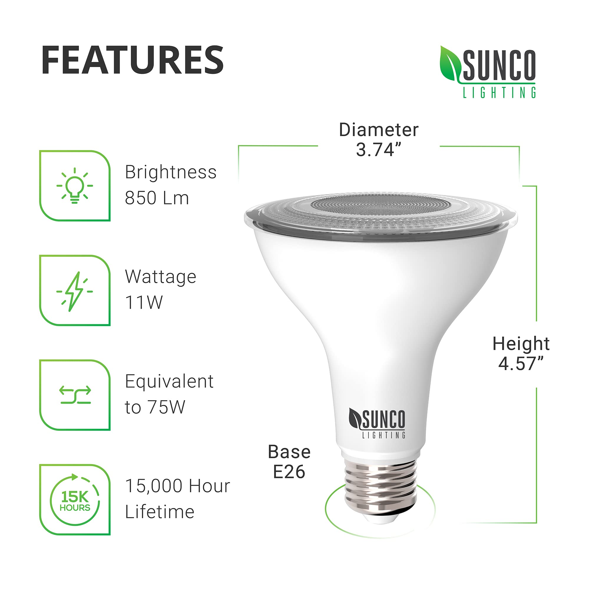 Sunco Lighting PAR30 LED Flood Light Bulbs, 11W=75W, Dusk to Dawn, 5000K Daylight, IP65 Waterproof, 4 Pack