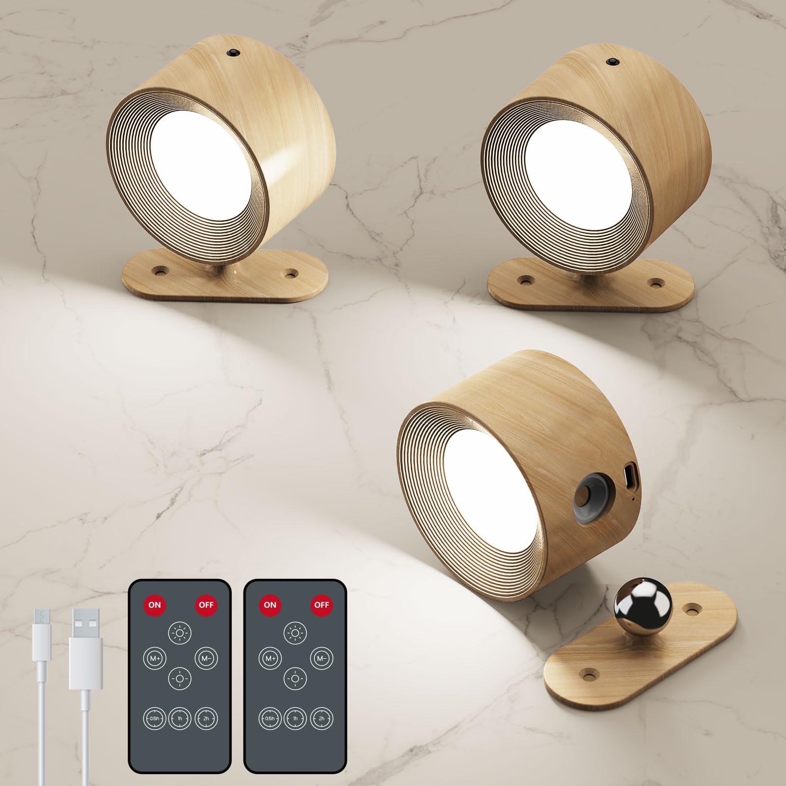 Aksda 3Pack Battery Operated Wall Sconce  3 Color Modes 3 Brightness Levels 360?Otation Lighting Timer Touch & Remote Control  Wall Mounted Lamp Led Wall Lights For Bedroom Reading Bedside (Wood)