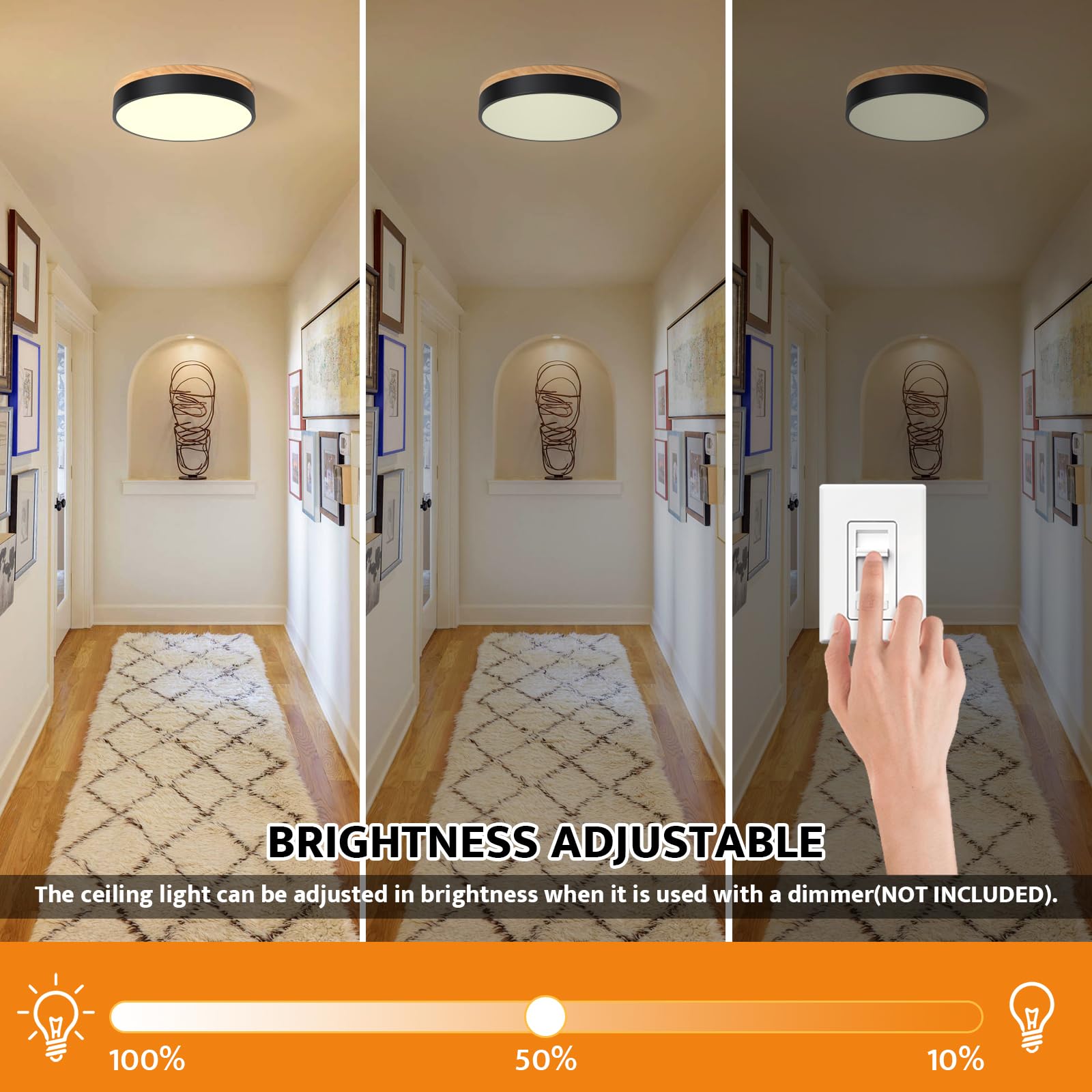 Yiisem Dimmable Wood LED Ceiling Light, 11.8in, Black, 5CCT 2700K-6000K, Modern Flush Mount Lamp for Bedroom, Kitchen, Hallway