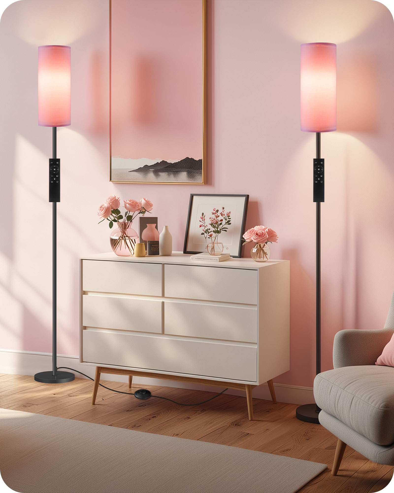 2 Pack Dimmable Pink Floor Lamps for Living Room with 2 Remotes and Foot Switch, Corner Floor Lamp for Bedroom, 66'' Standing Ta