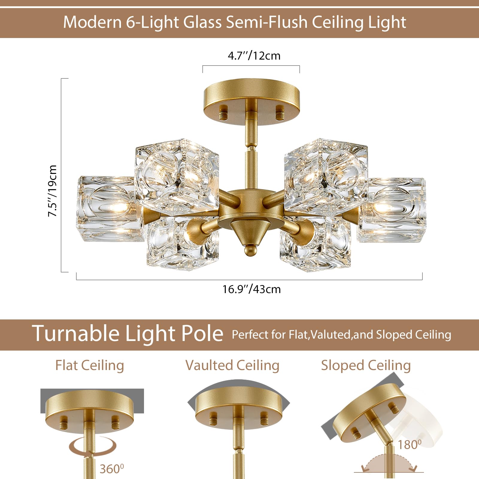 peskoe 6-Light Gold Sputnik Chandelier - Modern Ceiling Light Fixture for Dining Room, Living Room, Kitchen, Hallway - Glass 16.9"