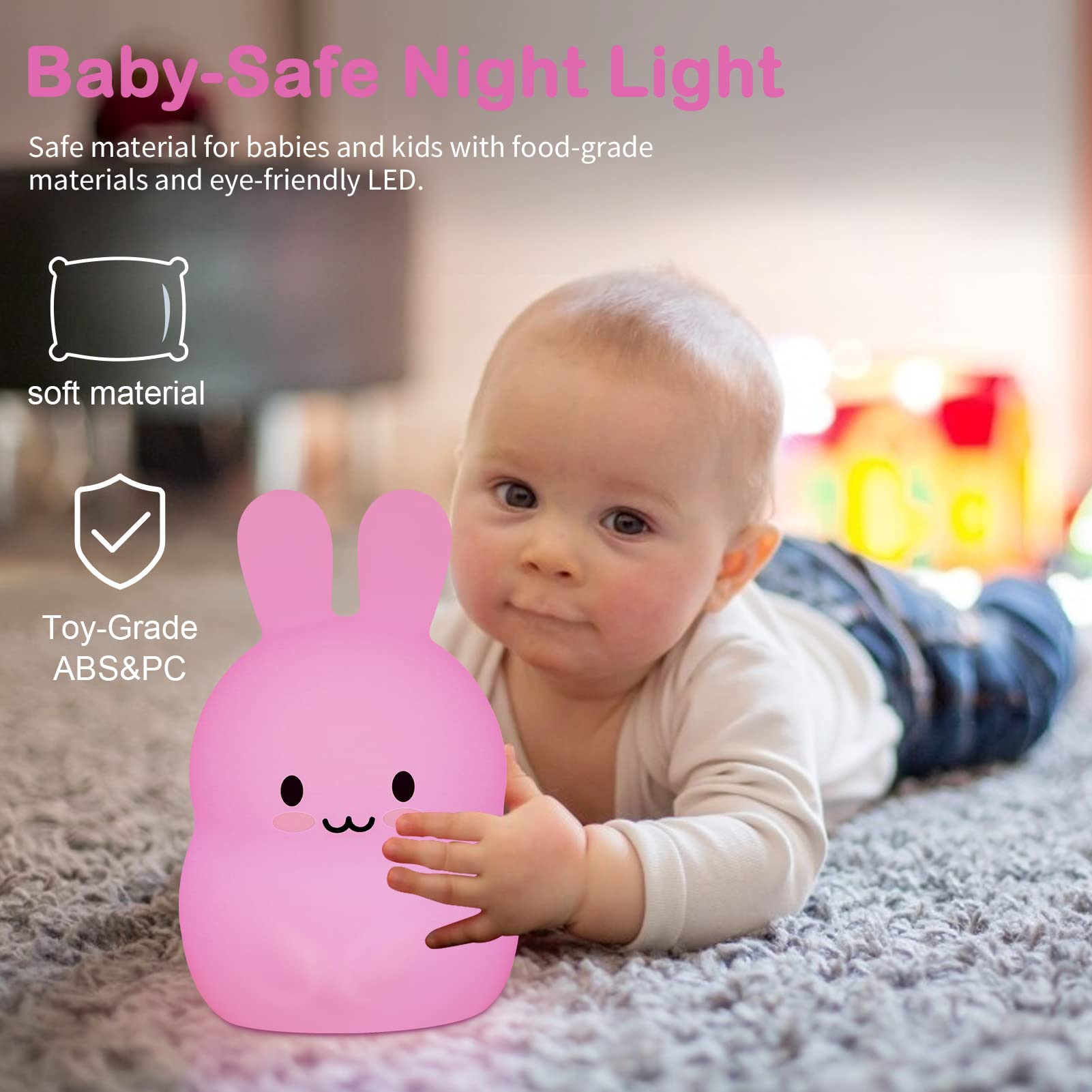 ShaArkMango Cute Rabbit Lamp - LED Night Light, Color Changing, Soft Silicone, Bunny Color