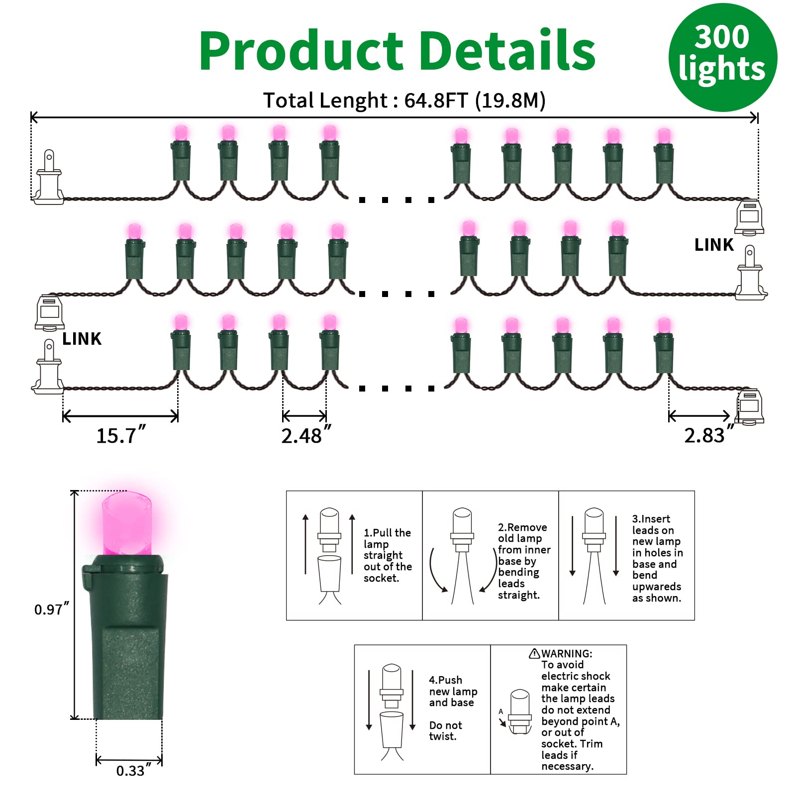 Lamphome Pink Wide Angle Led String Lights, 64.8 Ft 300 Count, Pack Of 3 Strands 21.9 Ft 100 Lights Ul Certified Commercial Grad