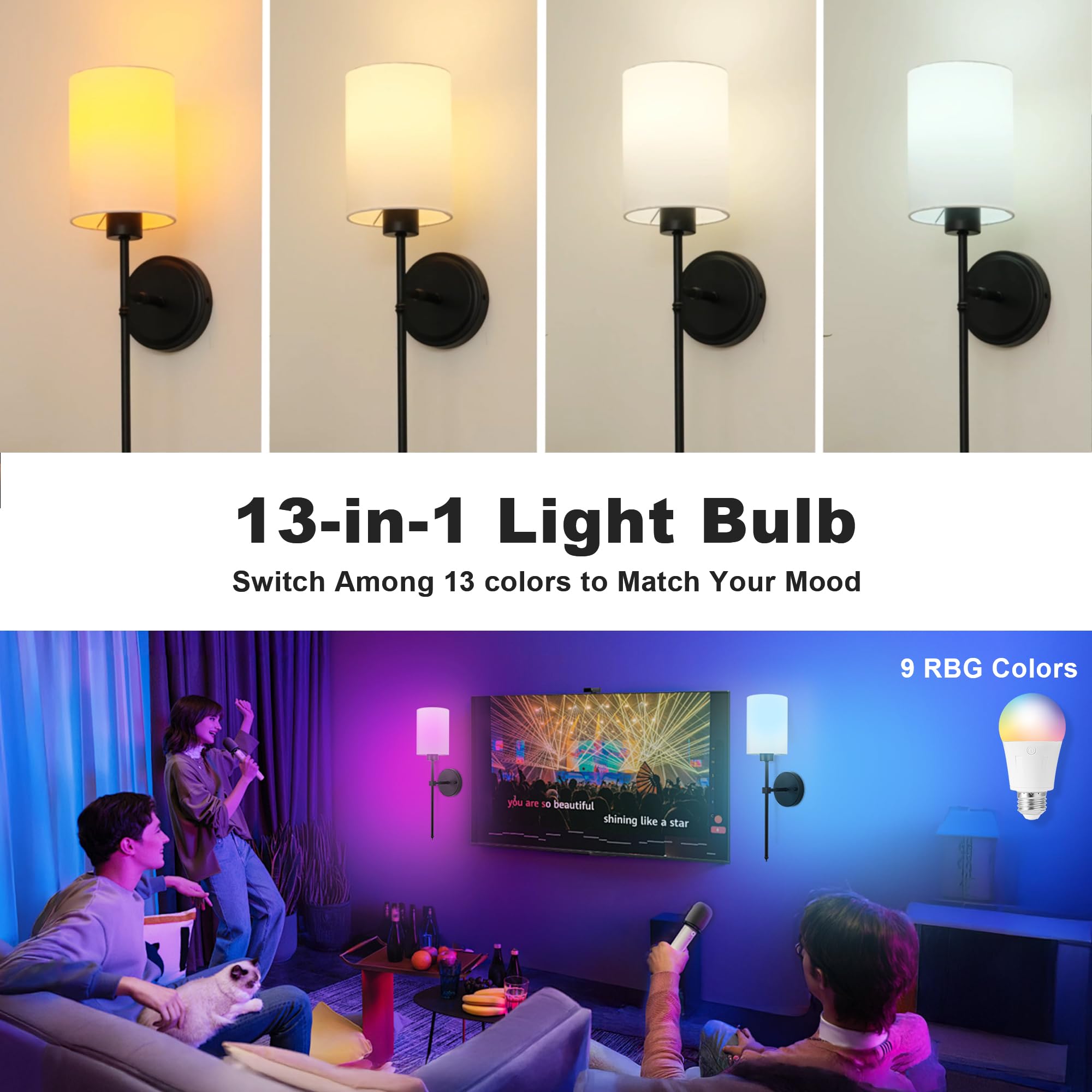 KARTOOSH Rechargeable LED Light Bulbs, E26, Dimmable, 4 Color Temperatures, Remote Control, 6 Pack, White, Model RS323B6-N1