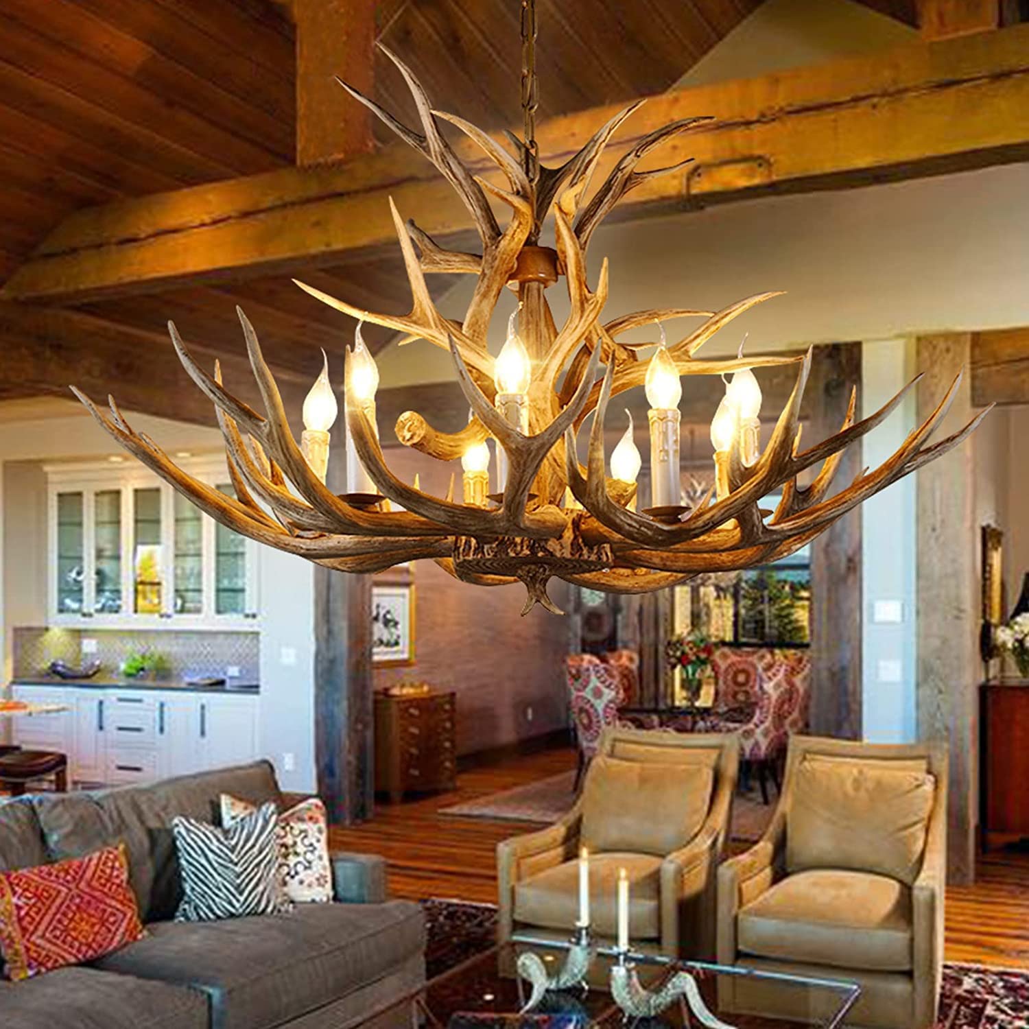 AUNLPB 8-Light Antler Chandelier, Rustic Deer Horn Light Fixture, Brown Resin, 14 Arms for Dining Room, Kitchen, Cafe