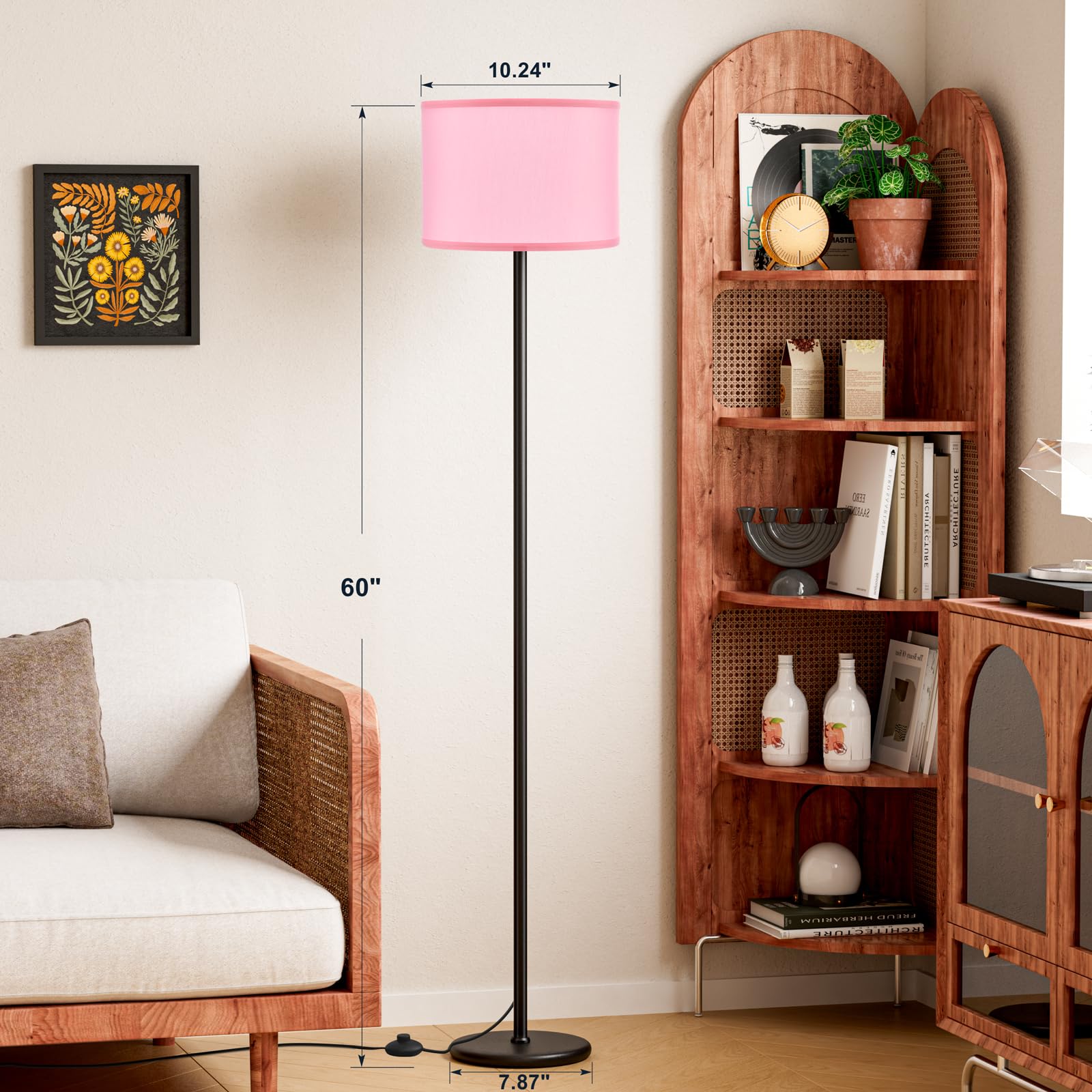 Ambimall 60'' Modern Floor Lamp With Shade, Tall Lamps For Living Room, Bedroom, Office, Dining Room, Pink Shade With Black Pole