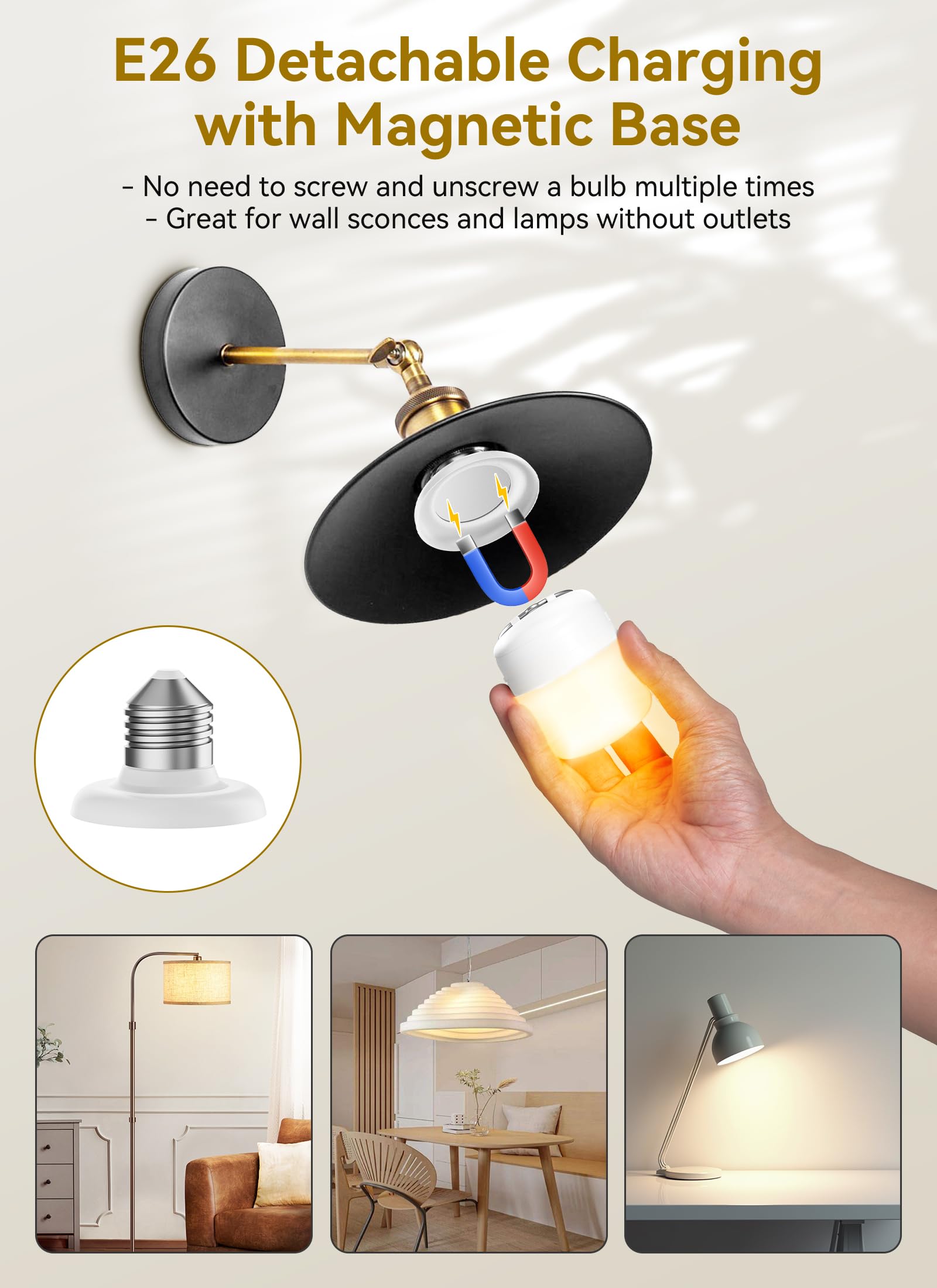 Minetom E26 Rechargeable LED Light Bulbs, Multicolor, Dimmable, 4 Pack, 2300mAh Battery Backup, Remote & Timer for Lamps & Camping
