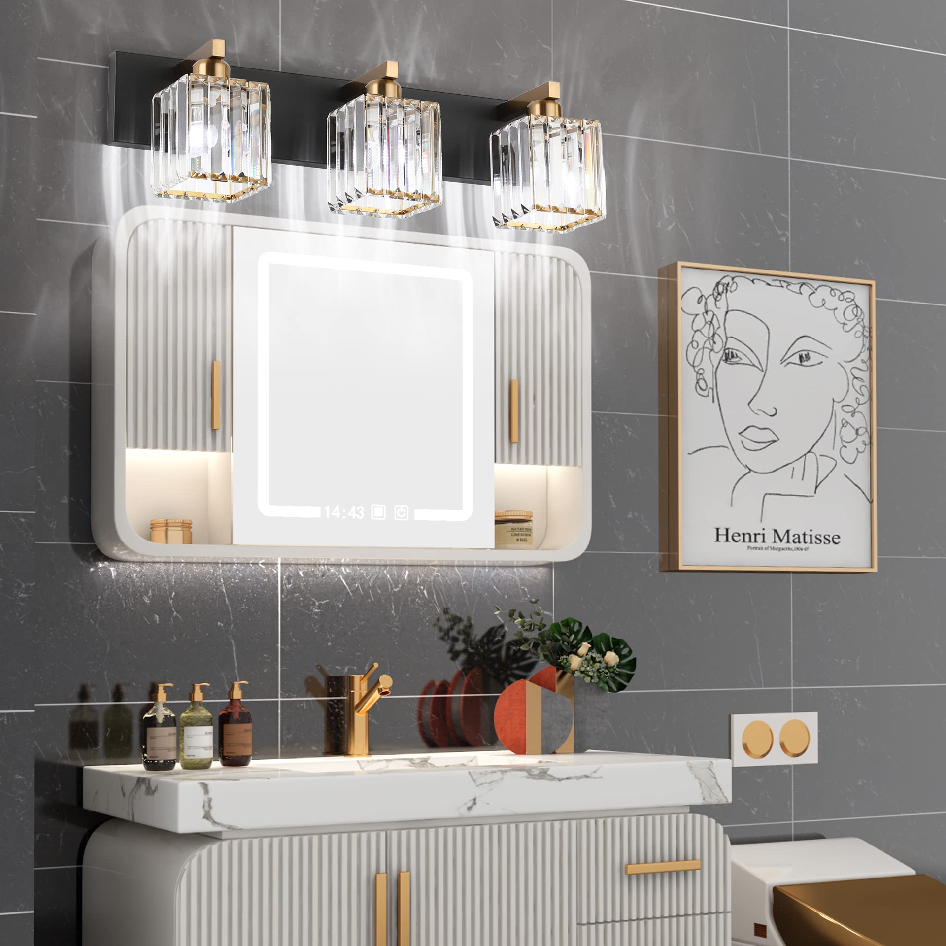 Aipsun 3-Light Vanity Light Fixtures, Black Brass Square Shade, Aluminum, Model 8461, Modern Bathroom Lighting