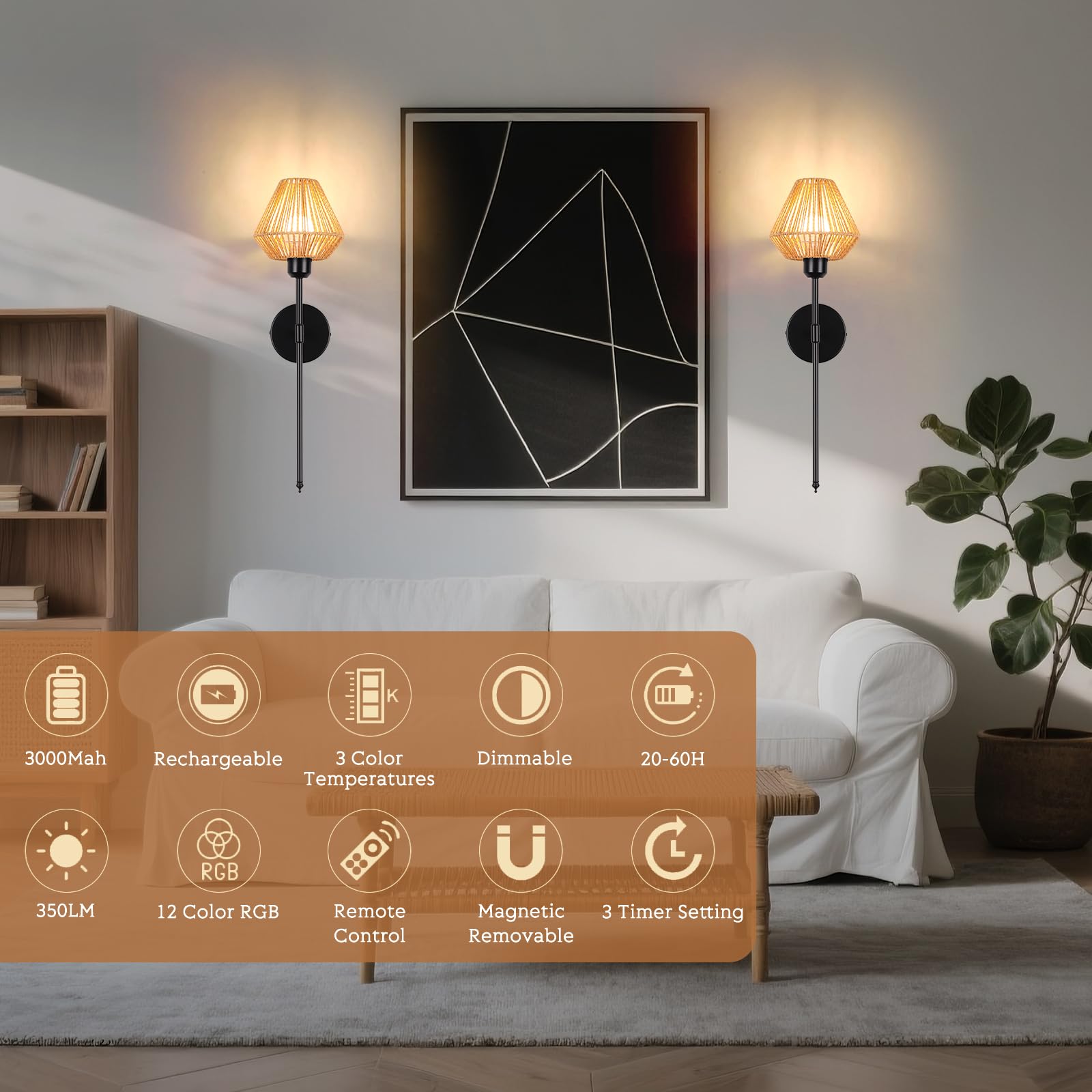 Ovyiech Rattan Rechargeable Wall Sconces Set of 2, Dimmable with Remote, 15 Color Changing, Black-Brown, Model YH8803BG