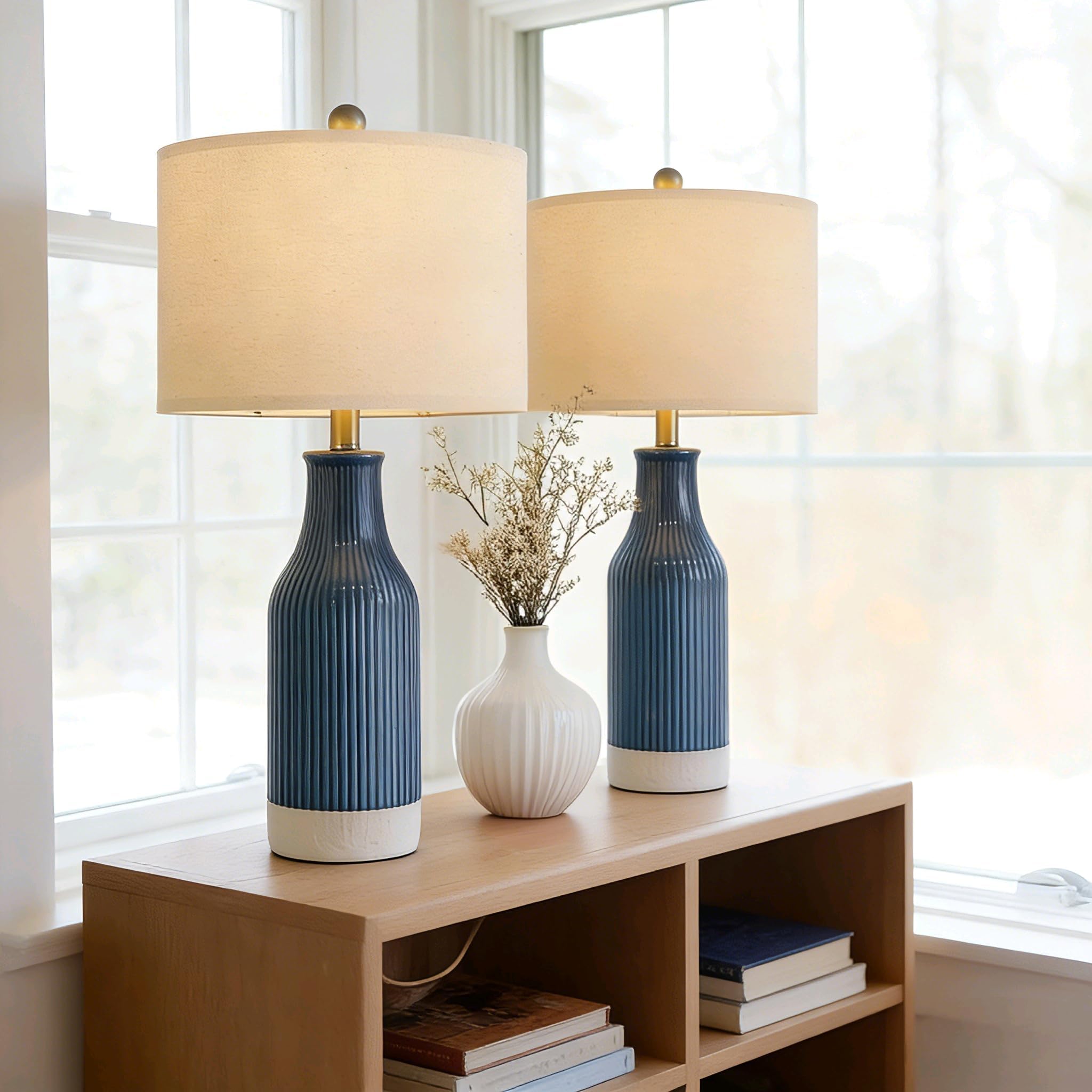 USumkky 23.75inch Blue Modern Ceramic Bedside Lamp Set of 2 with 5FT Cord for Bedroom Decor Farmhouse Table Lamp for Living Room