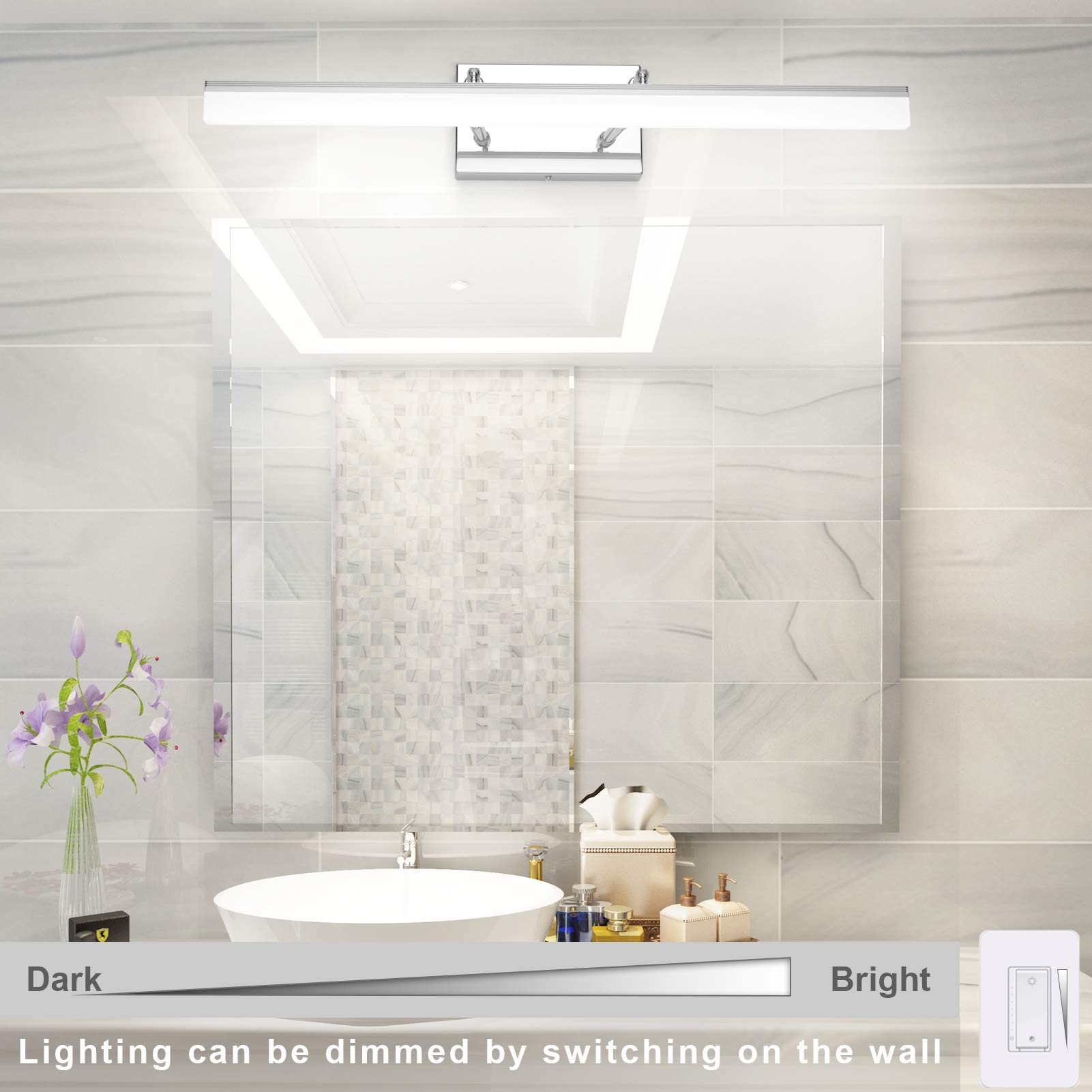 Aipsun 24" Dimmable LED Vanity Light Fixture - Polished Chrome, Stainless Steel Base, Model 6480-14W