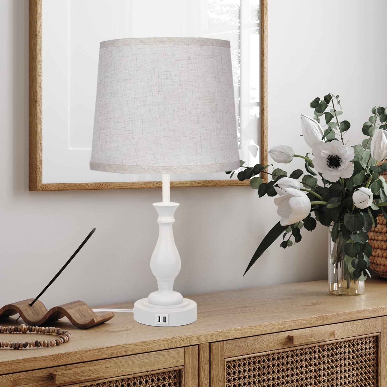 LALISU Farmhouse Table Lamp Touch Control 3-Way Dimmable with USB Ports, Fabric Shade, Off White, Pack 1