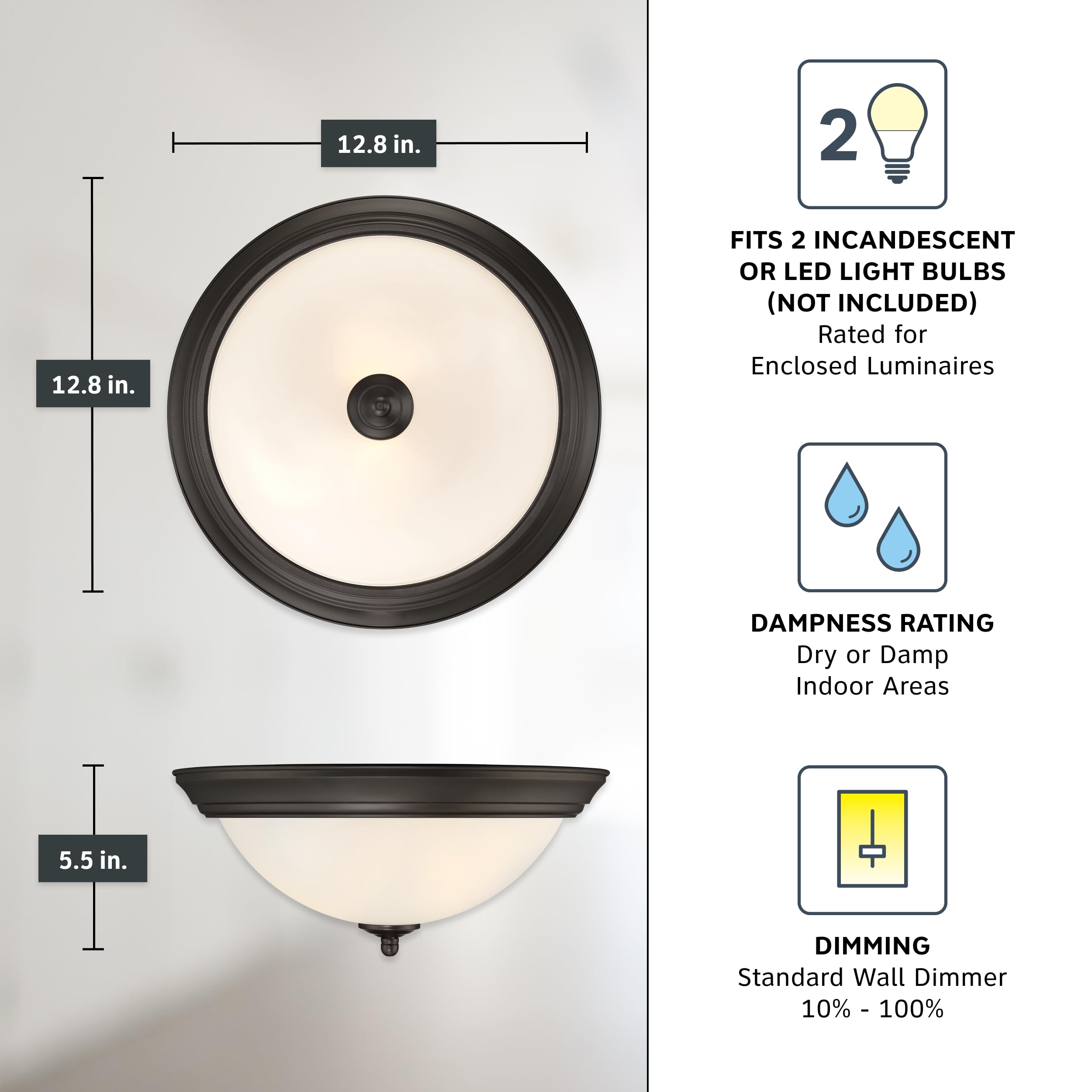 Designers Fountain Flush Mount Ceiling Light, 2-Pack, 13 Inch Led Frosted Glass Lighting Fixture For Kitchen, Bedroom, Bathroom, And Hallway, Oil Rubbed Bronze, D333M-13Fm-Orb2