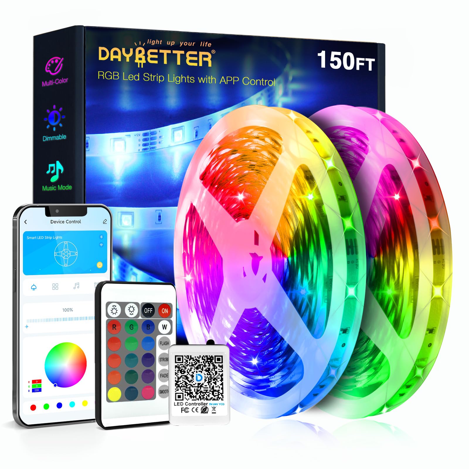 DAYGameTER Led Lights for Bedroom 150 ft (2 Rolls of 75ft)  LED Lights with App Voice Control Remote  RGB Music Sync Color Changing Lights  Kitchen  Party Home Decoration