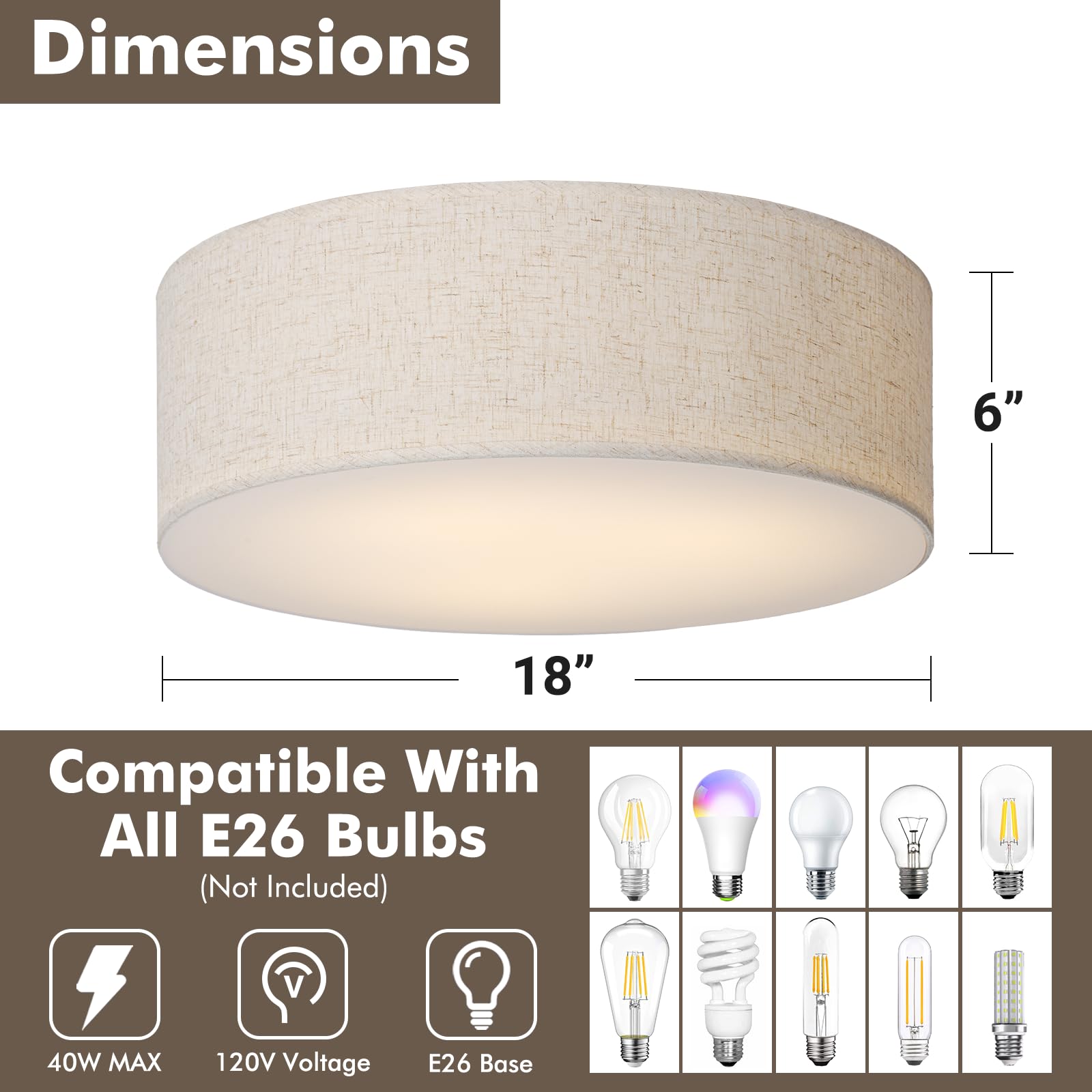 Calokes 18-Inch Large Flush Mount Ceiling Light Fixture With Fabric Shade, Modern Drum Closed To Ceiling Lighting For Living Din