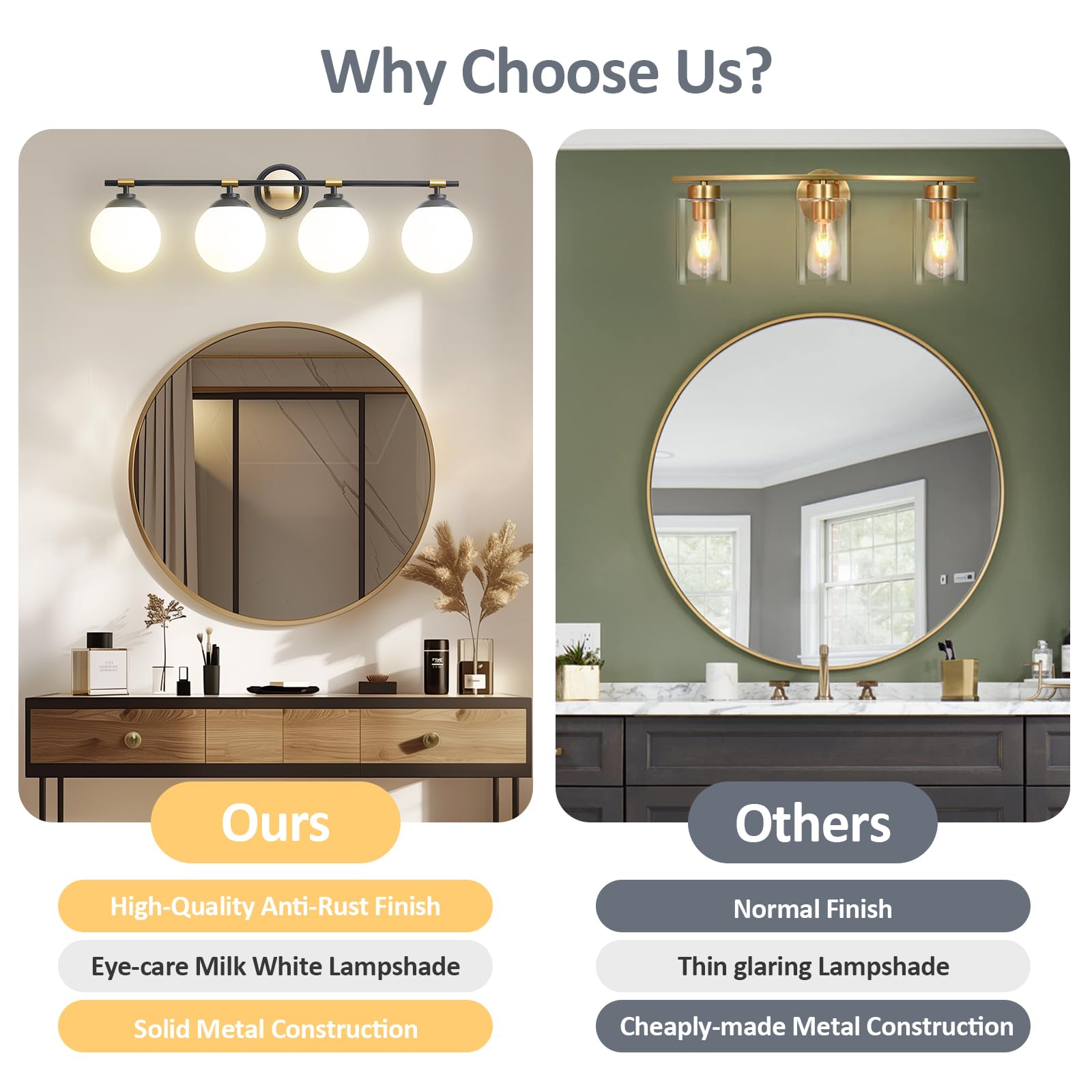 Rayogale 32 Inch Black Gold Bathroom Light Fixtures, 4 Light Vanity Lights Over Mirror, Modern Vanity Lights For Bathroom, Milk