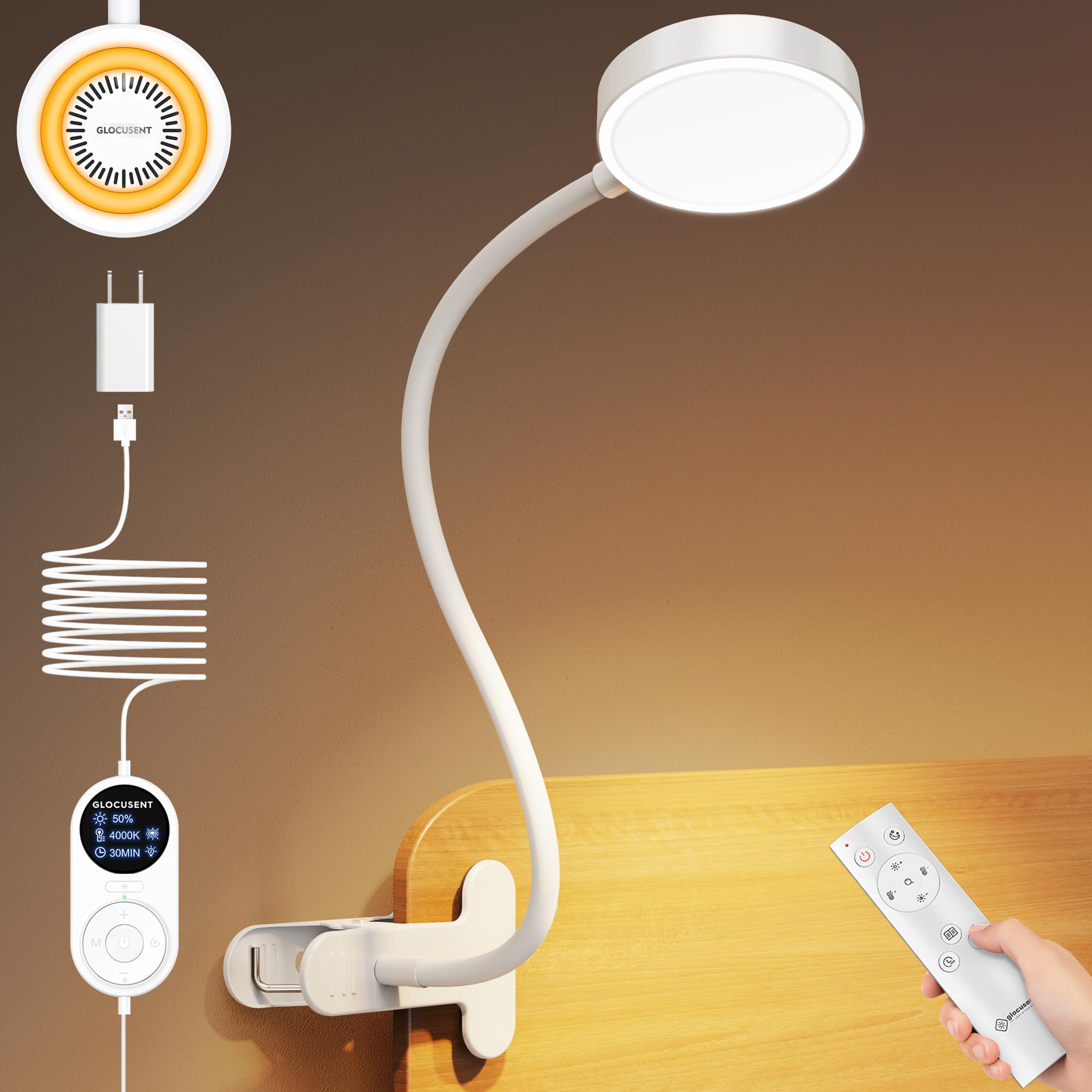 Glocusent 72 LED Clip on Lamp with Remote  Reading Light with Amber Ring  3 Colors & 5 Dimmable Bed Lamp  30/60-Min Auto Off Timer  Clamp Light for Headboard/Dorm/Bunk (White)