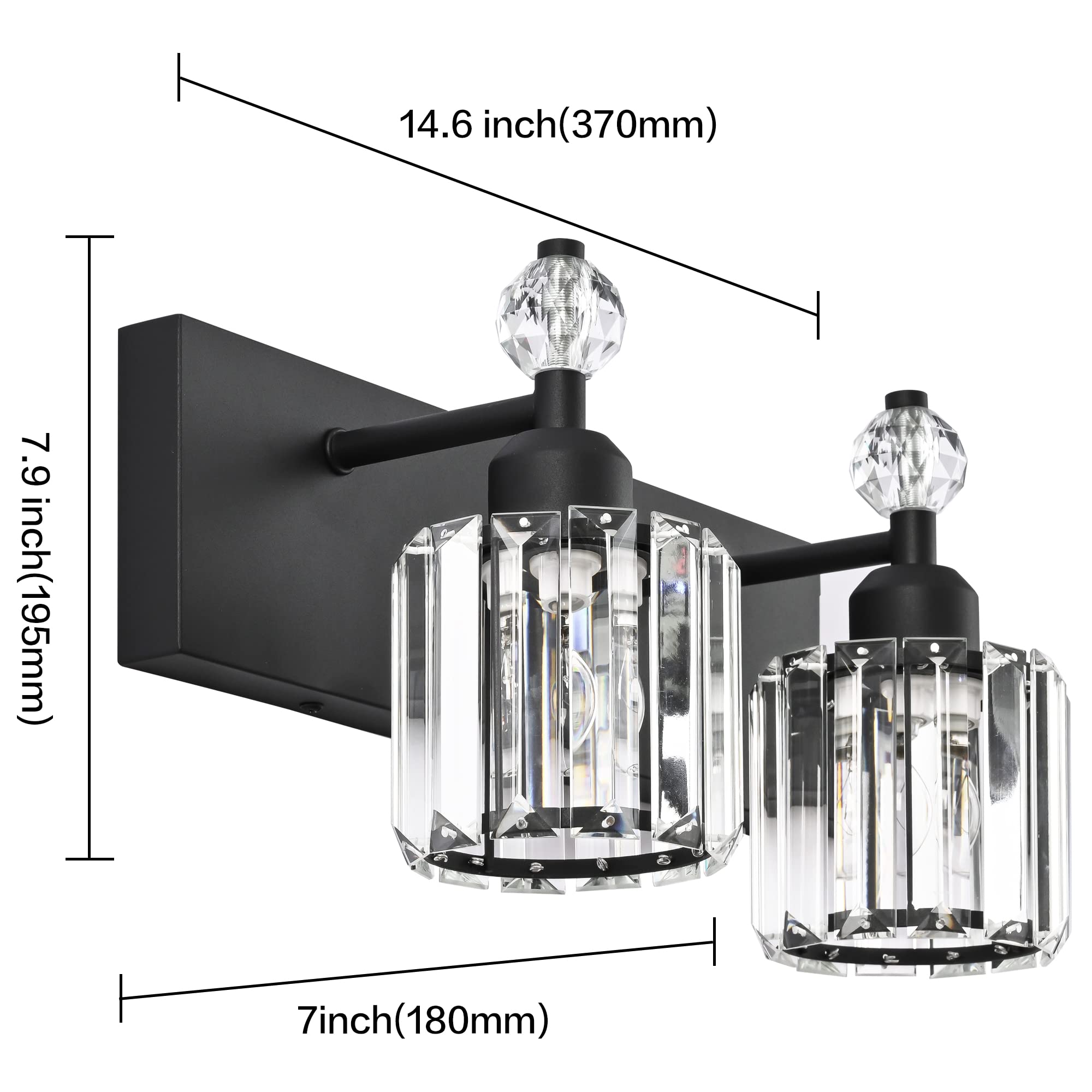Presde 2-Light Modern Crystal Bathroom Vanity Light Fixture - Matte Black Metal Over Mirror Lighting