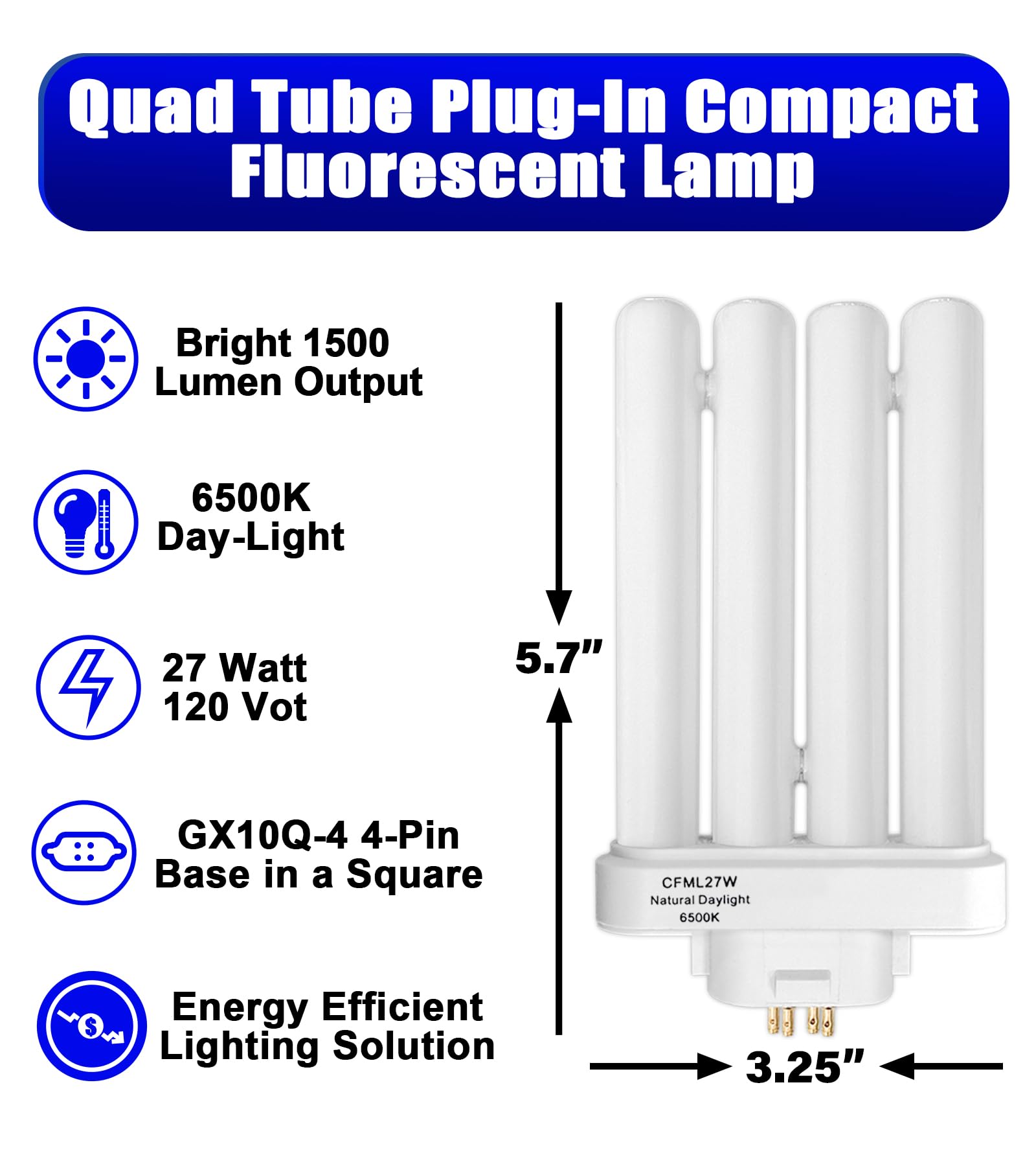 Celiwace CFML27VLX 27W Fluorescent Bulb, 4-Pin GX10Q-4 Base, 6500K Daylight, White, 3-Pack