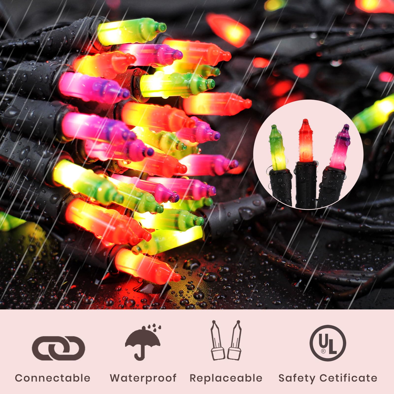 FESTIA String Lights - 100 Count Mini Incandescent, 26.5ft Black Wire, UL Listed, Purple Orange Green, Connectable up to 125ft