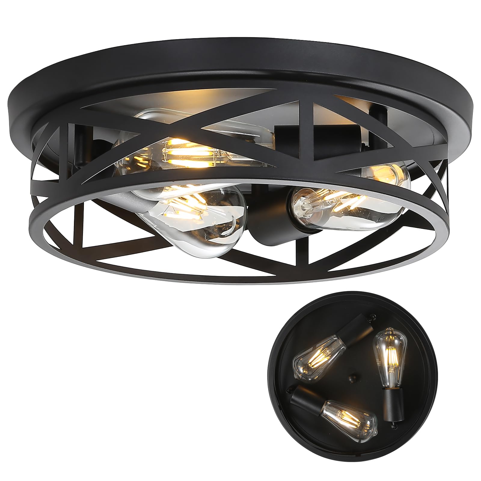Sewterolyn 13 inch Black Flush Mount Ceiling Light Fixtures,3-Light Industrial Farmhouse Ceiling Light Fixture,Black Light Fixtu