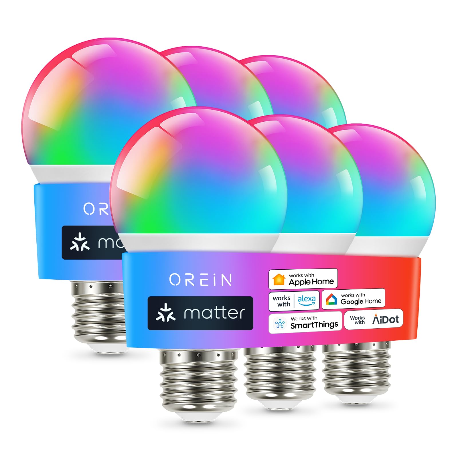 OREiN Matter Smart Light Bulb, Smart Light Bulbs Work with Apple Home, Alexa, Google Home, SmartThings, A19 Color Changing Light Bulbs 2.4Ghz WiFi, 800 Lumens Equivalent 60W 6Pack