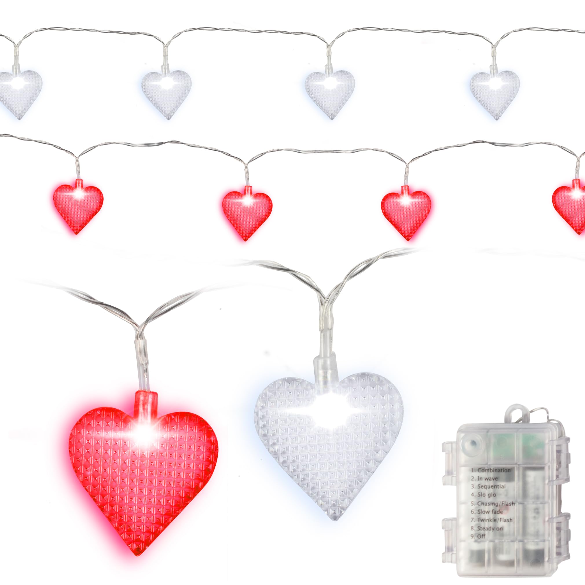 Valentines Day Red & White Heart 10ft String Lights- 2pk w 40 Total LED Fairy Lights- Easy to Hang & Battery Powered- 9 Differen