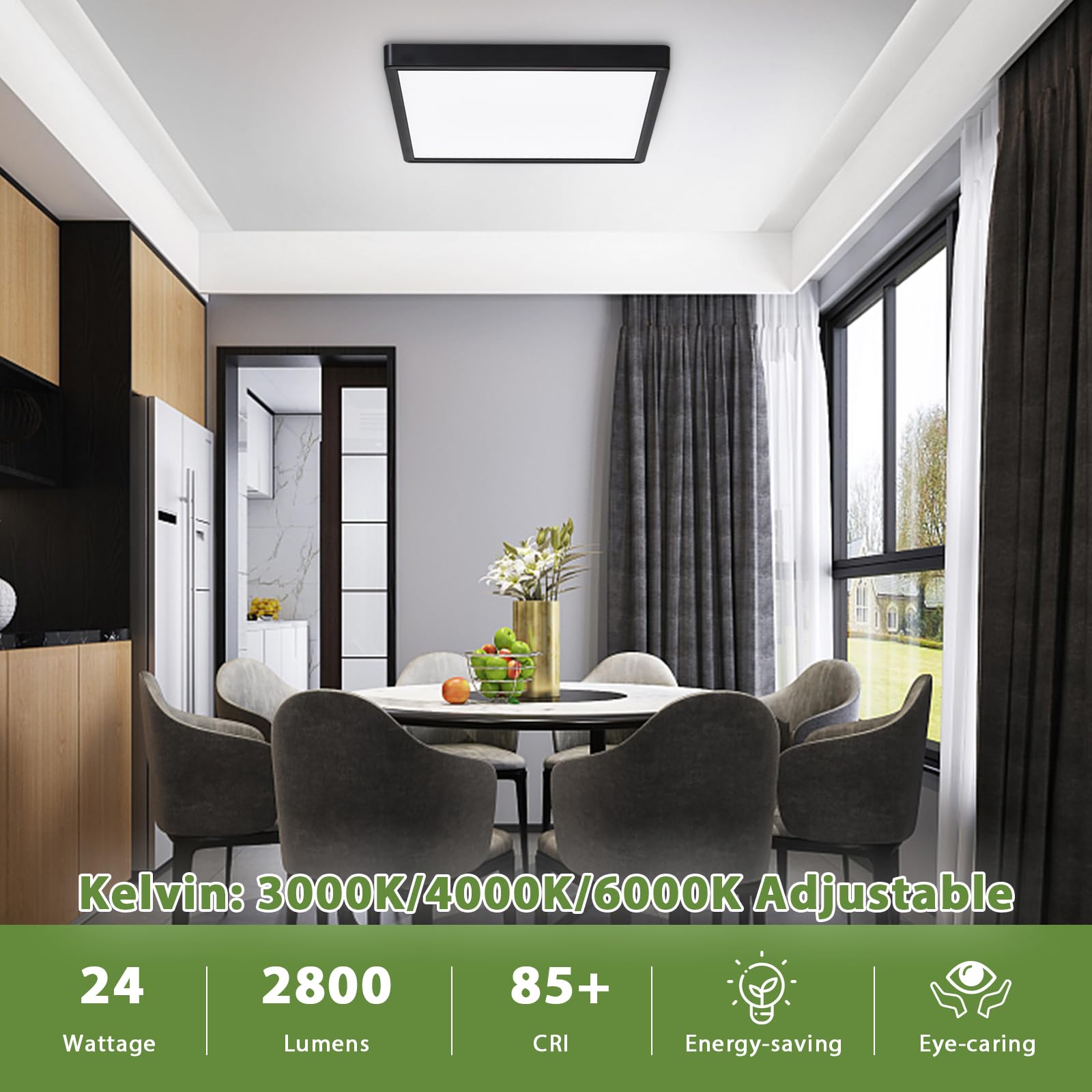 Rezant 12 Inch 24W Flush Mount Square Led Ceiling Light, 3000K/4000K/6000K Adjustable Flush Mount Light Fixture, 2800Lm Bright Flat Ceiling Light Fixtures For Bedroom, Kitchen, Hallway (Black-4 Pack)